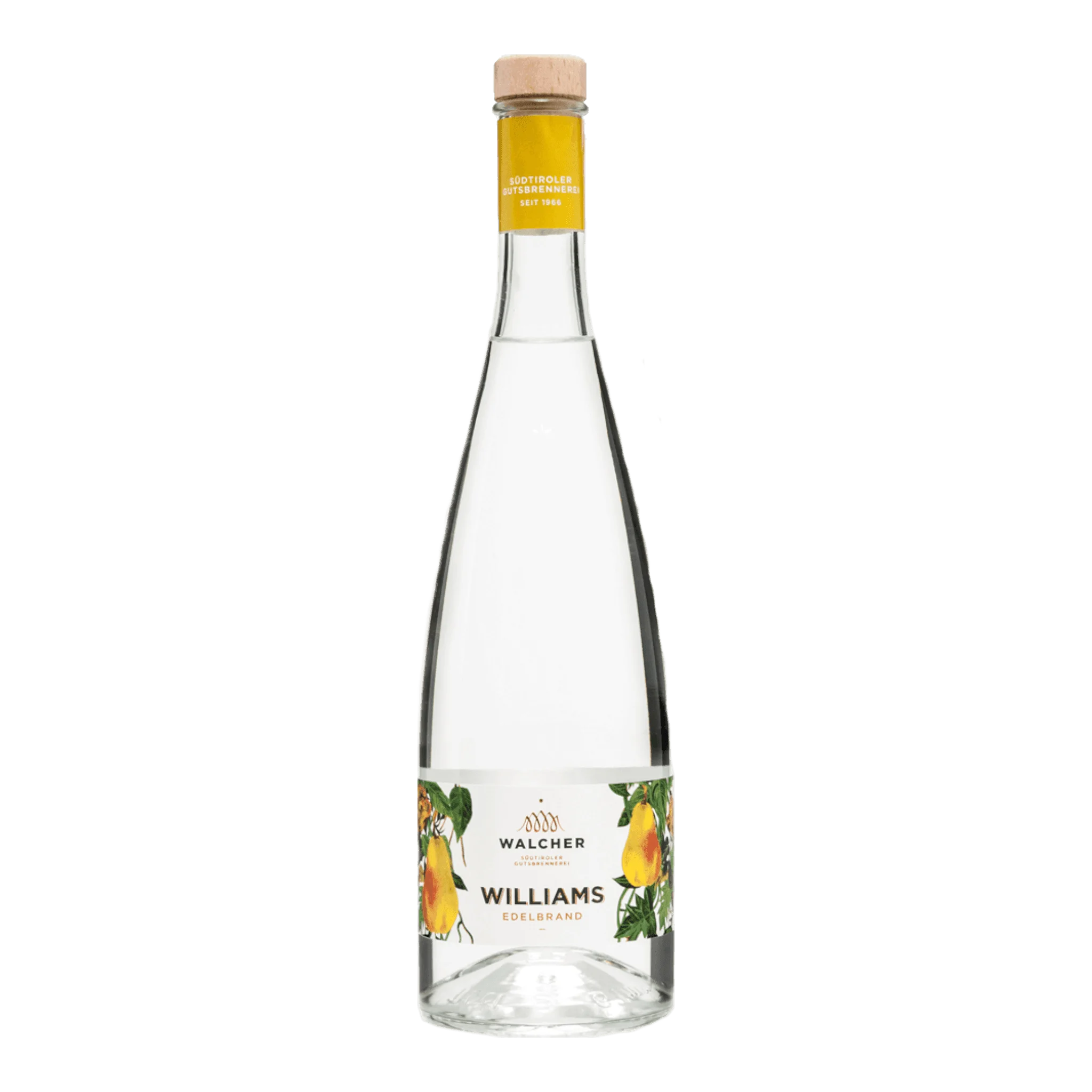 Klare Flasche mit Walcher Birne Exclusiv Edelbrand und fruchtiger Williams Birnennote