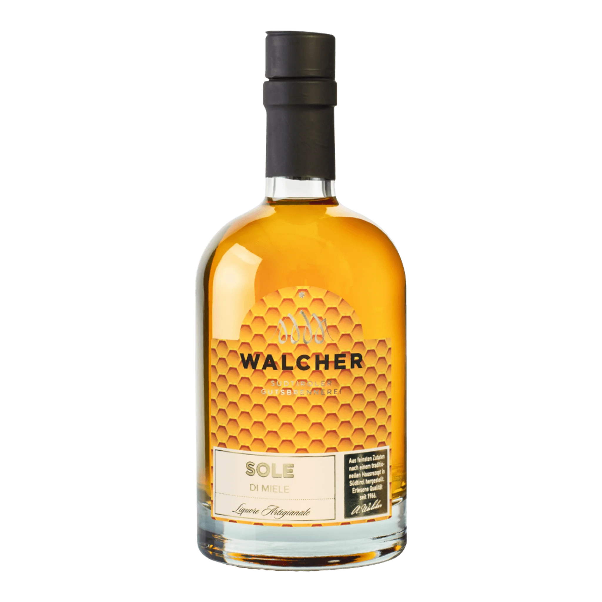 Flasche von Walcher Honiglikör Mit Grappa Sole Di Miele in honigfarbener Optik