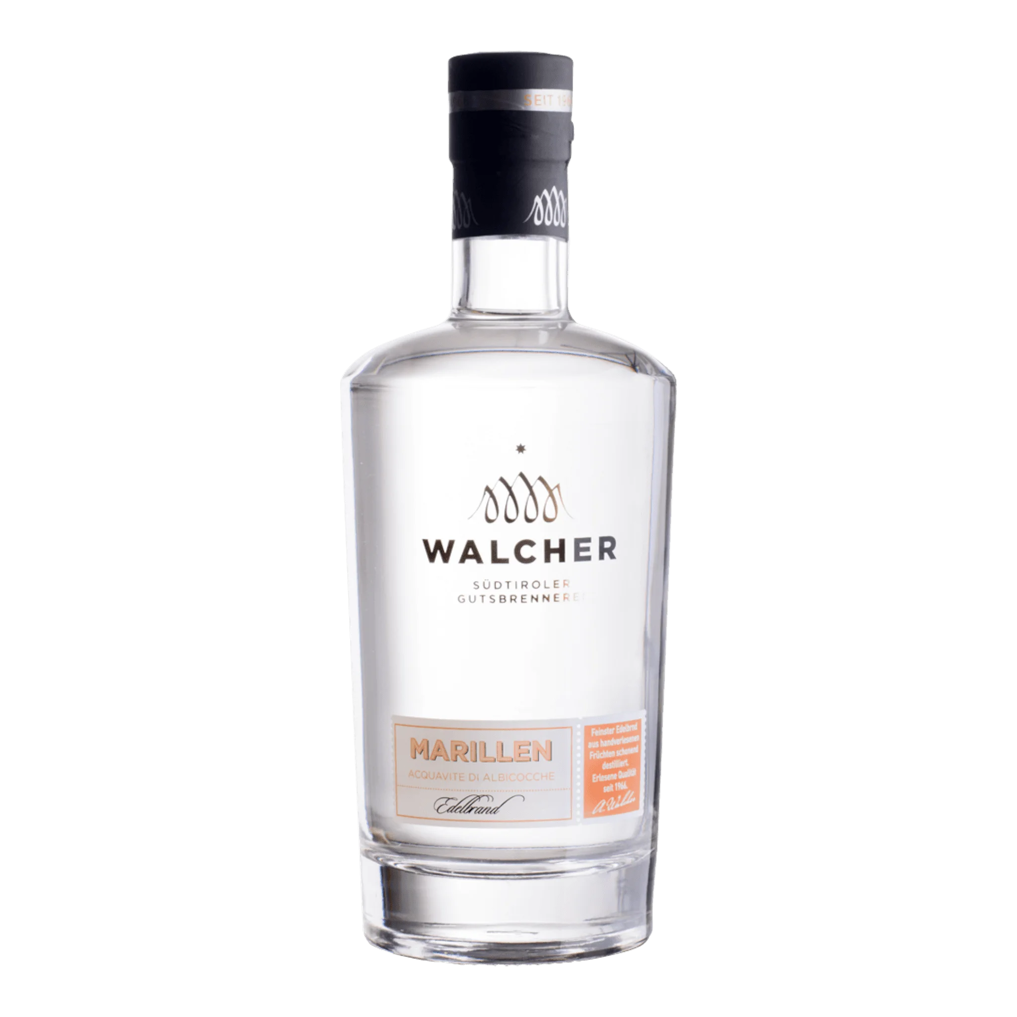 Klare Glasflasche mit Walcher Marille Exclusiv Edelbrand für feinen Genuss