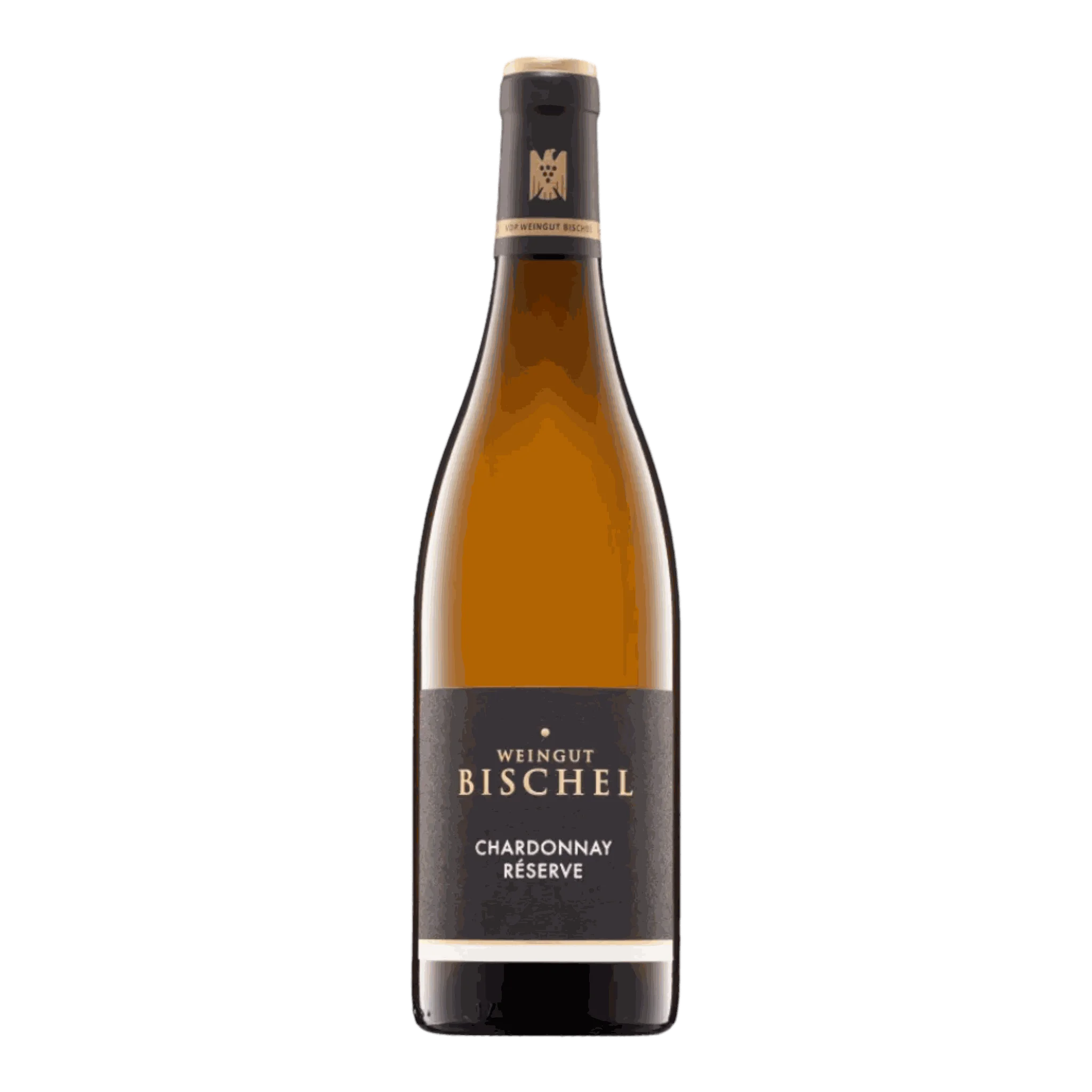 Flasche Weingut Bischel Chardonnay Réserve 2020 vor neutralem Hintergrund