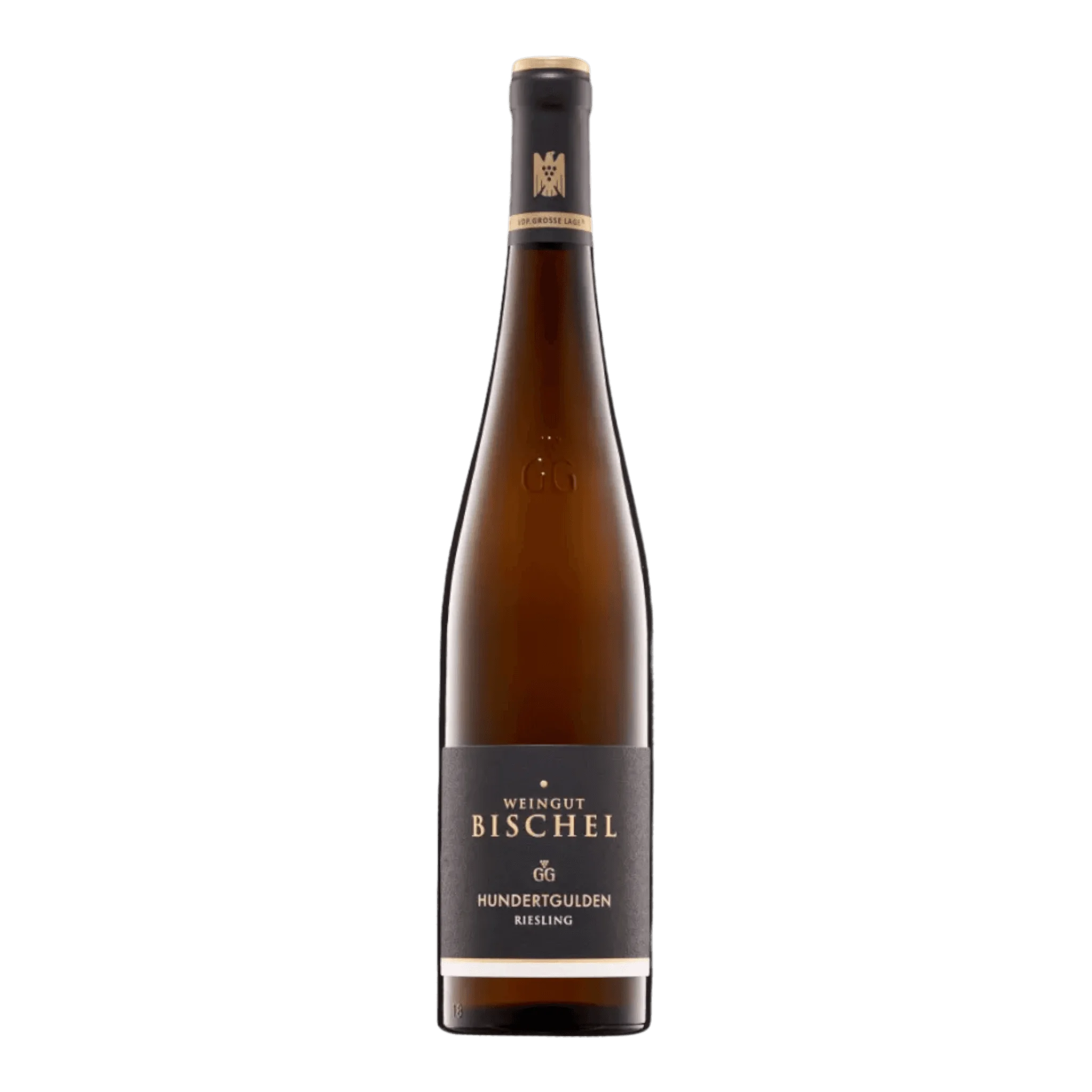 Flasche von Weingut Bischel Riesling Hundertgulden 2017 auf einem Tisch
