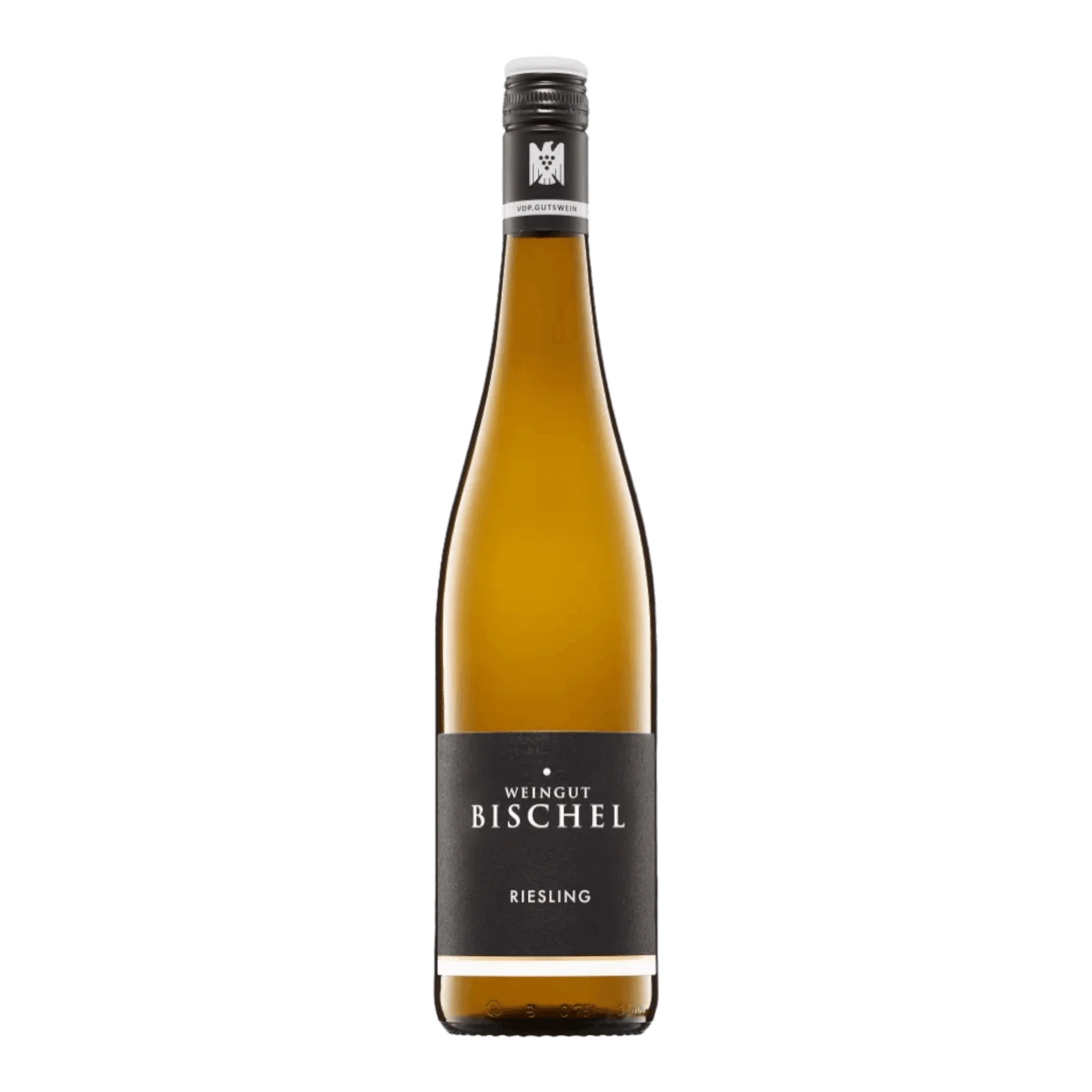 Flasche Weißwein Weingut Bischel Riesling Trocken 2021 auf einem Holztisch