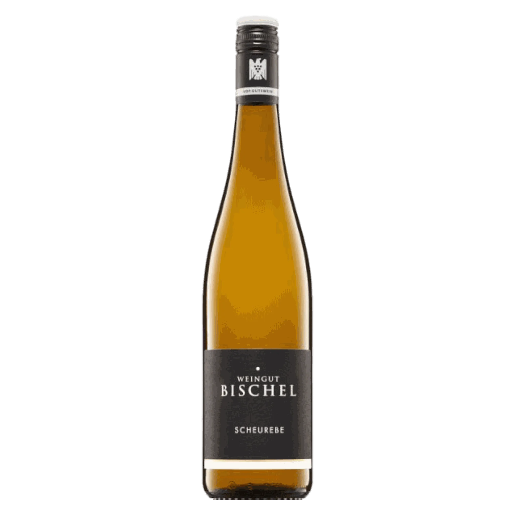 Flasche Weißwein Weingut Bischel Scheurebe 2020 trocken auf einem Tisch