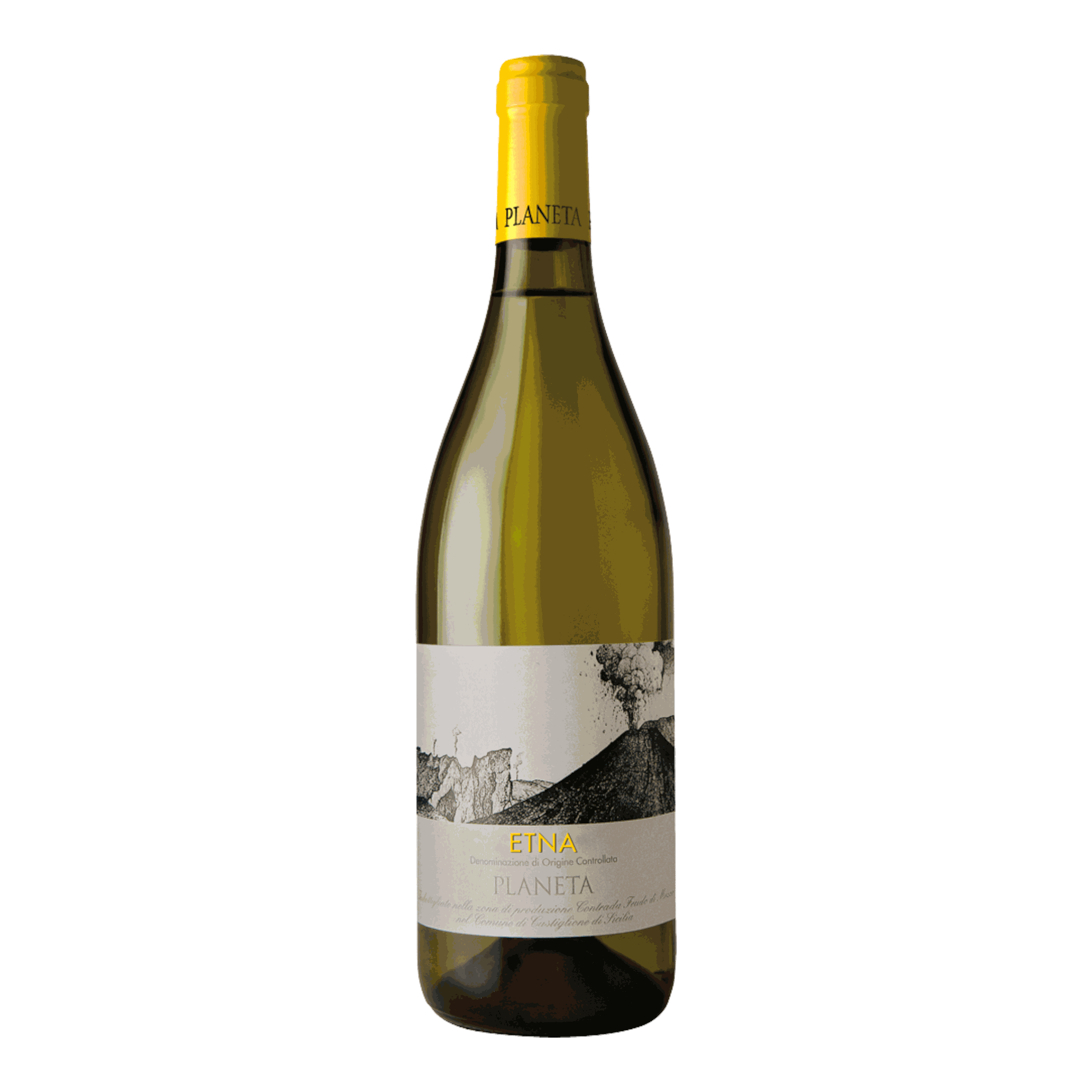 Planeta Etna Bianco 2019 wine bottle with yellow label.