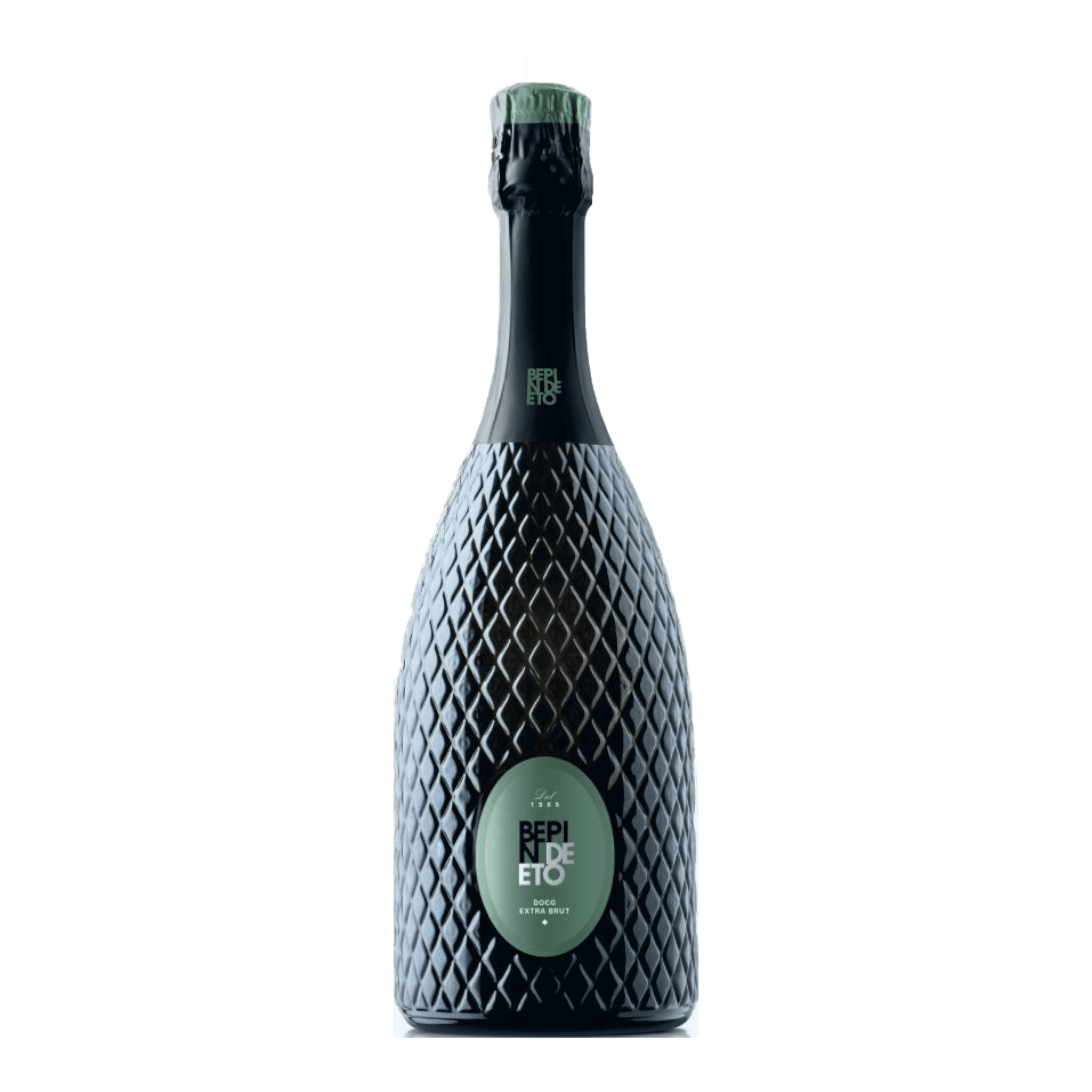 Bepin De Eto Prosecco Brut 2021 bottle with textured black design and green label.