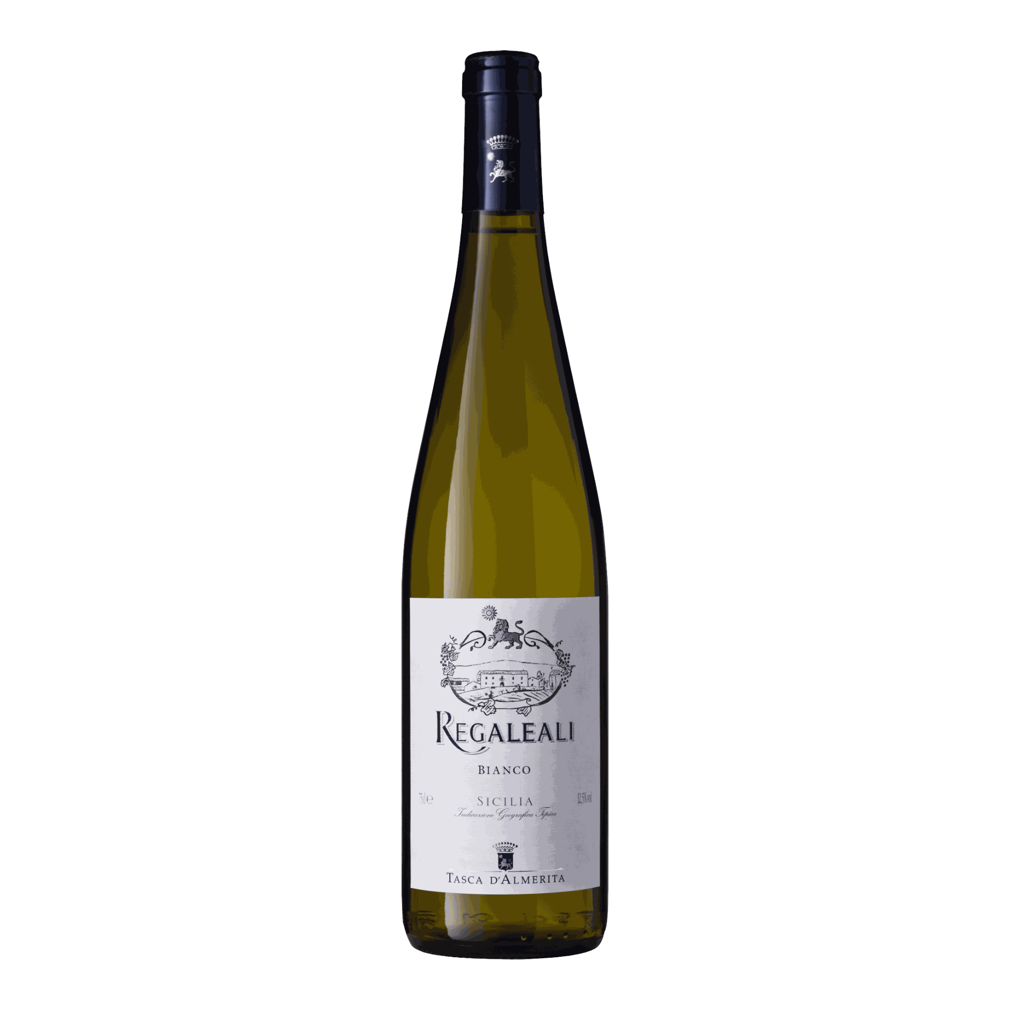 Tasca D'Almerita Regaleali Bianco 2022 wine bottle with clear, straw-yellow color and fruity bouquet.