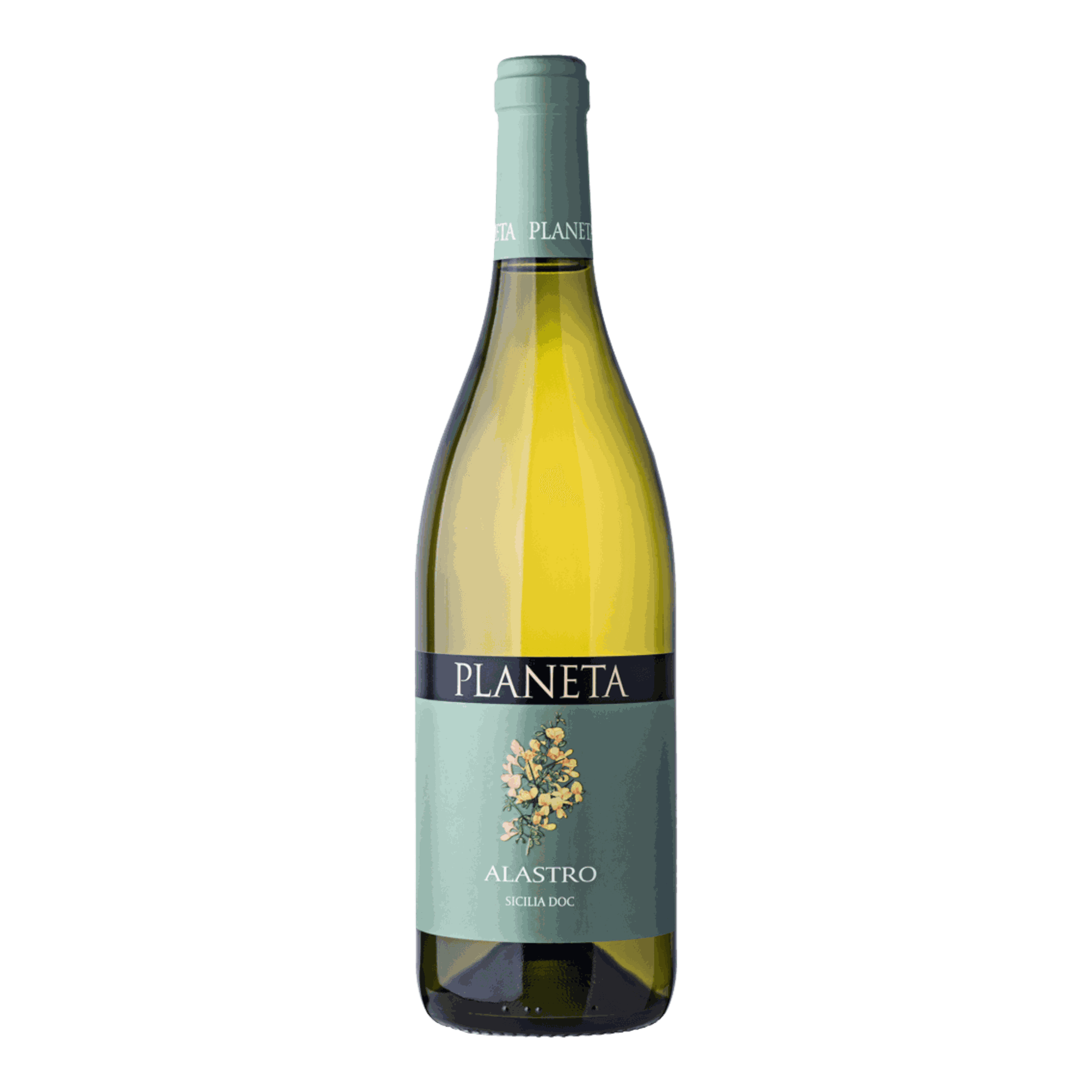 Planeta Alastro Sizilien 2020 wine bottle with straw yellow color and floral bouquet.