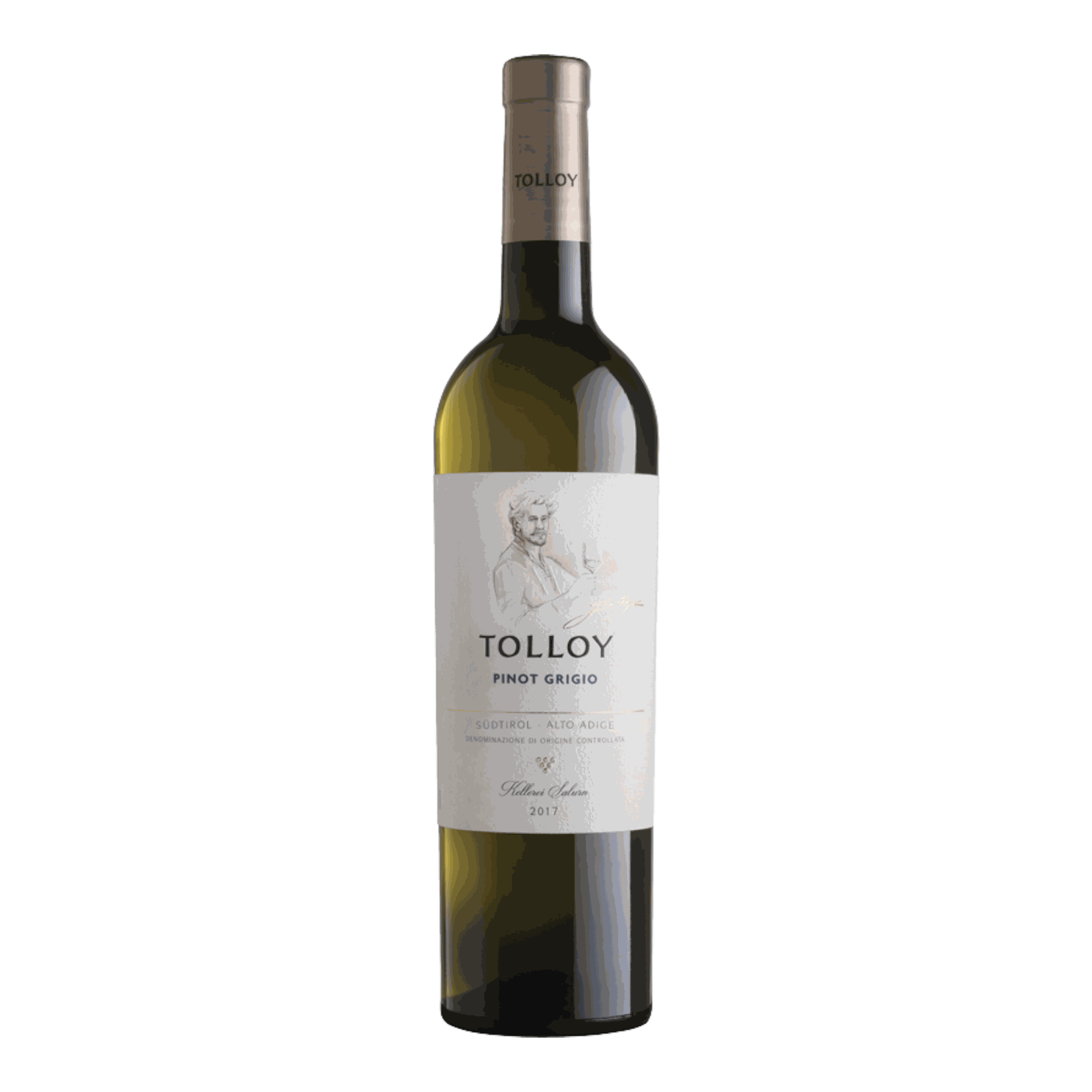 Mezzacorona Pinot Grigio Tolloy 2023 wine bottle with label highlighting its delicate, fruity notes.