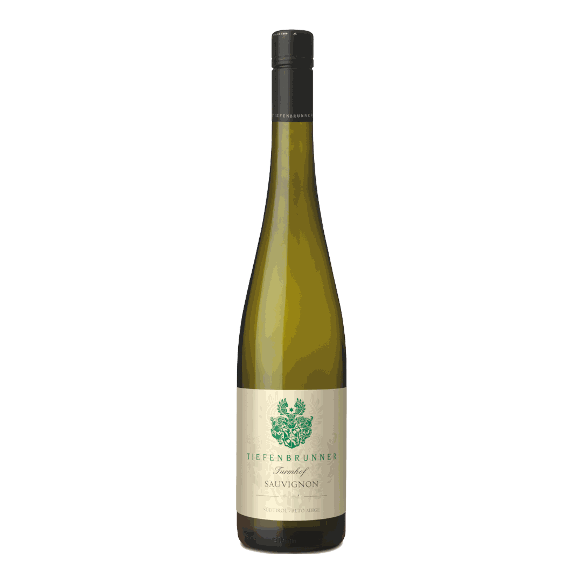 Tiefenbrunner Sauvignon Turmhof 2022 wine bottle with green and yellow hues.