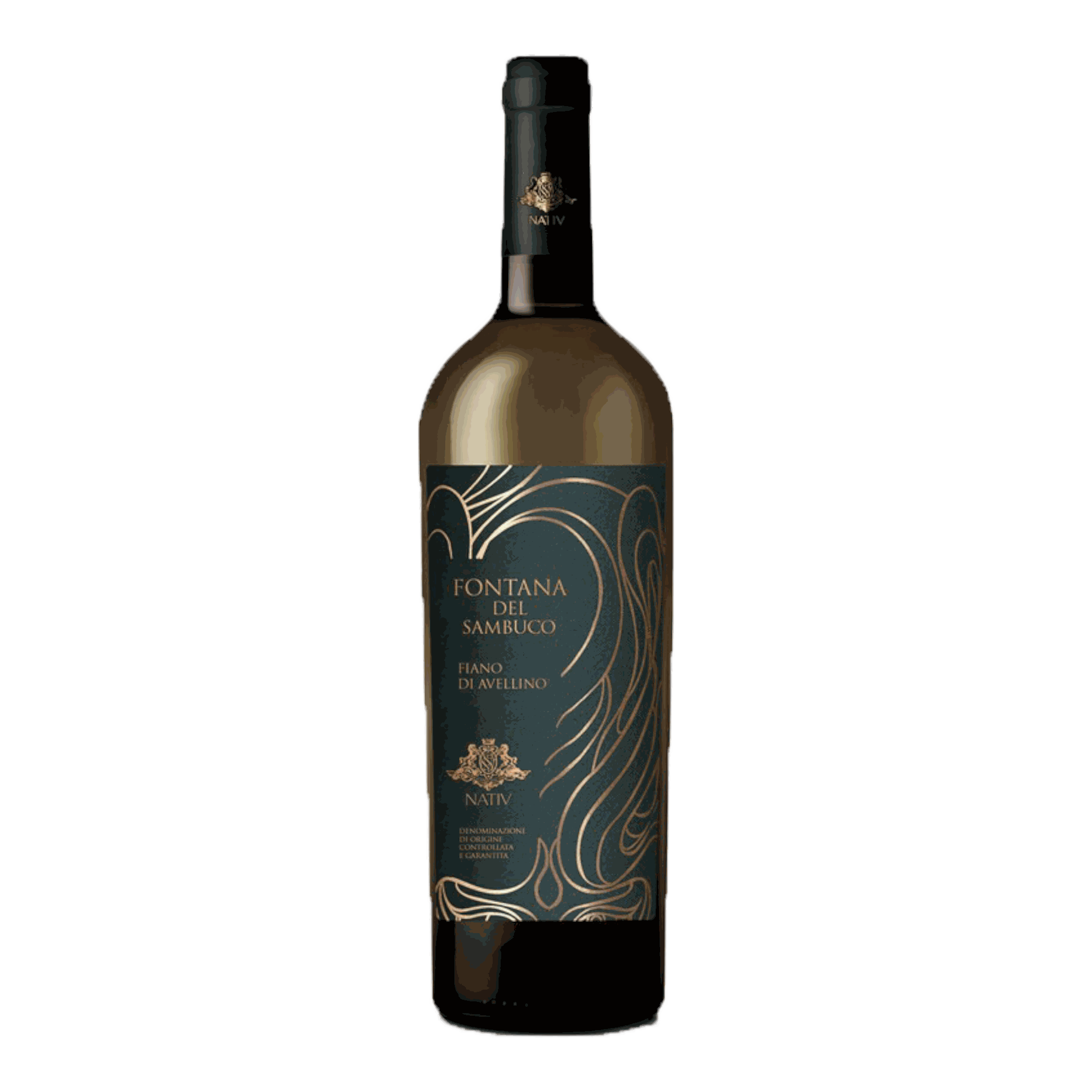 Bottle of Nativ Fiano D'Avellino Fontana Del Sambuco 2019 wine with elegant label design.