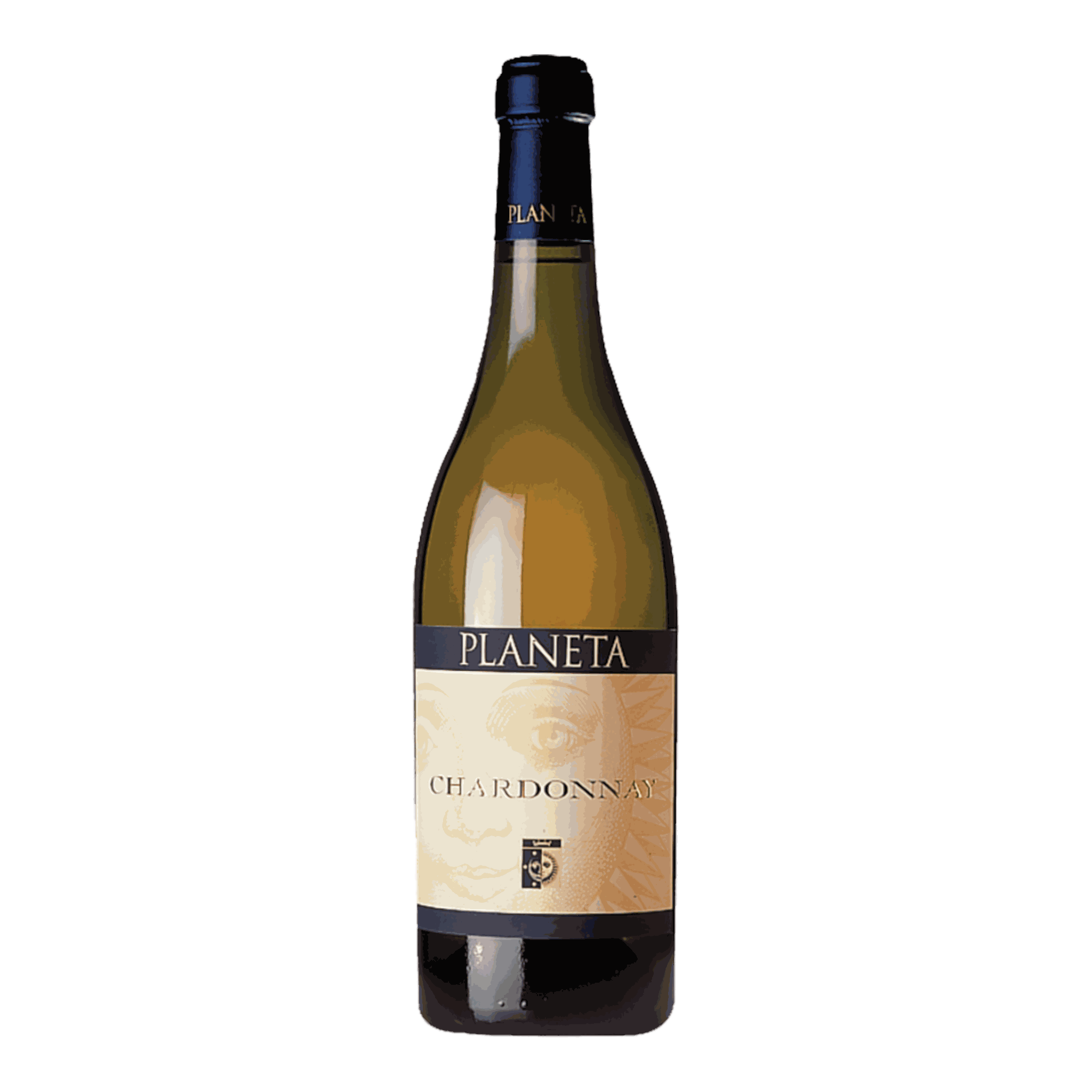 Planeta Chardonnay 2022 wine bottle with gold and green hues.