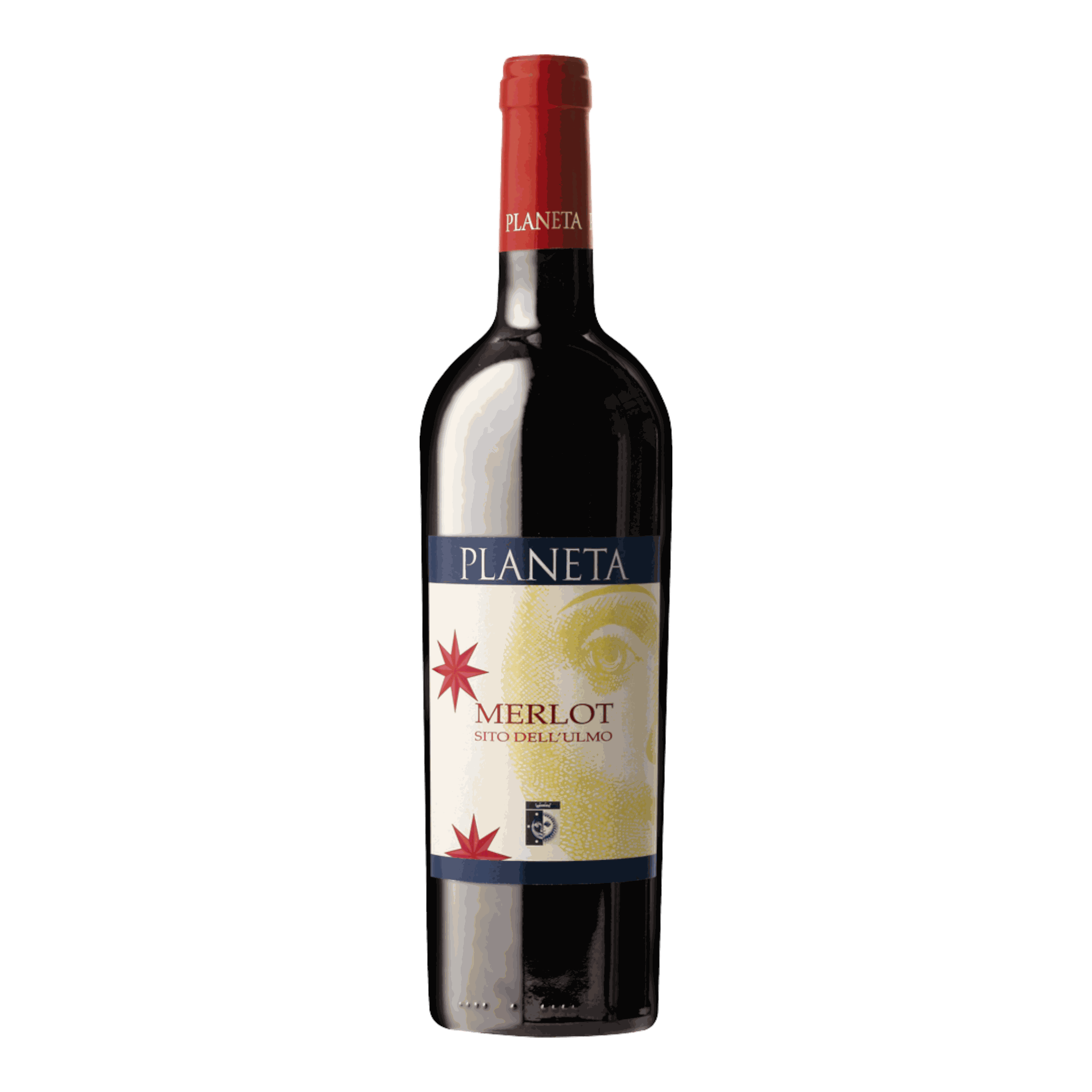 Planeta Merlot 2018 wine bottle with red label and cap.