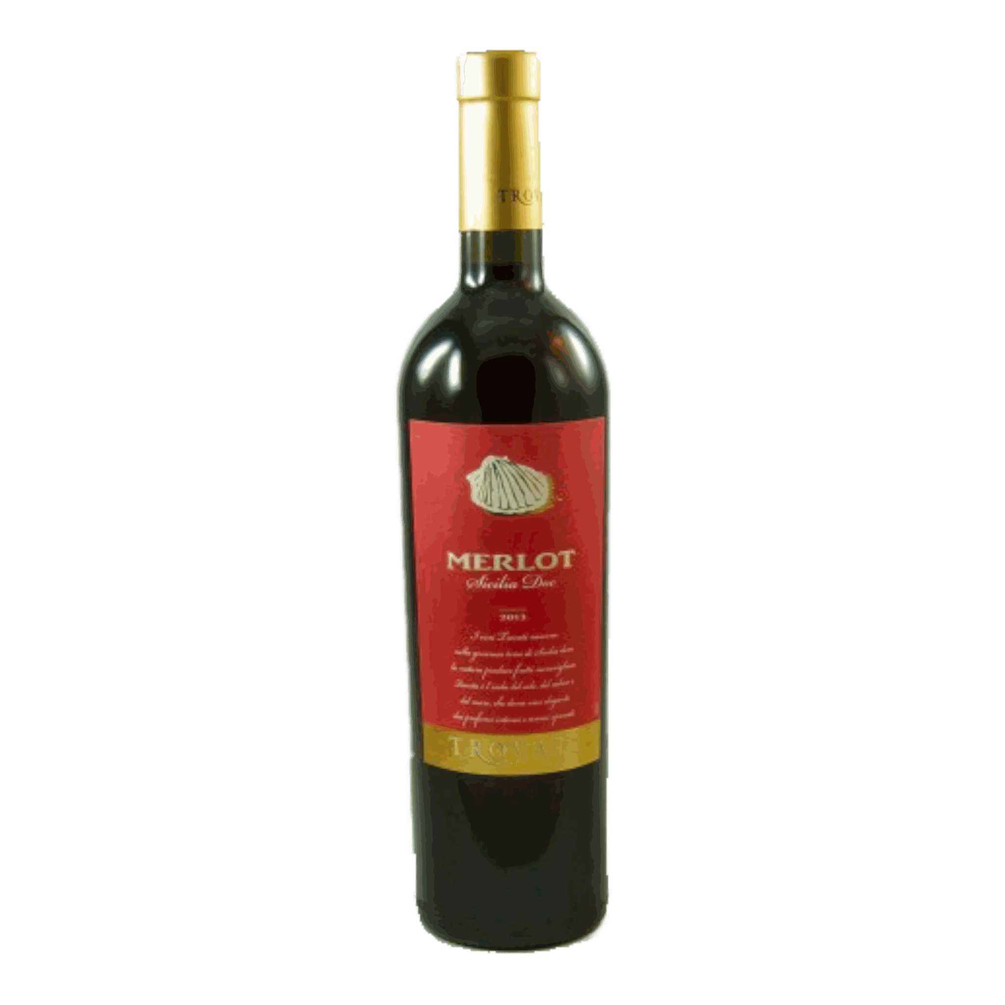 Feudo Arancio Merlot Trovati 2015 wine bottle with red label and golden cap.