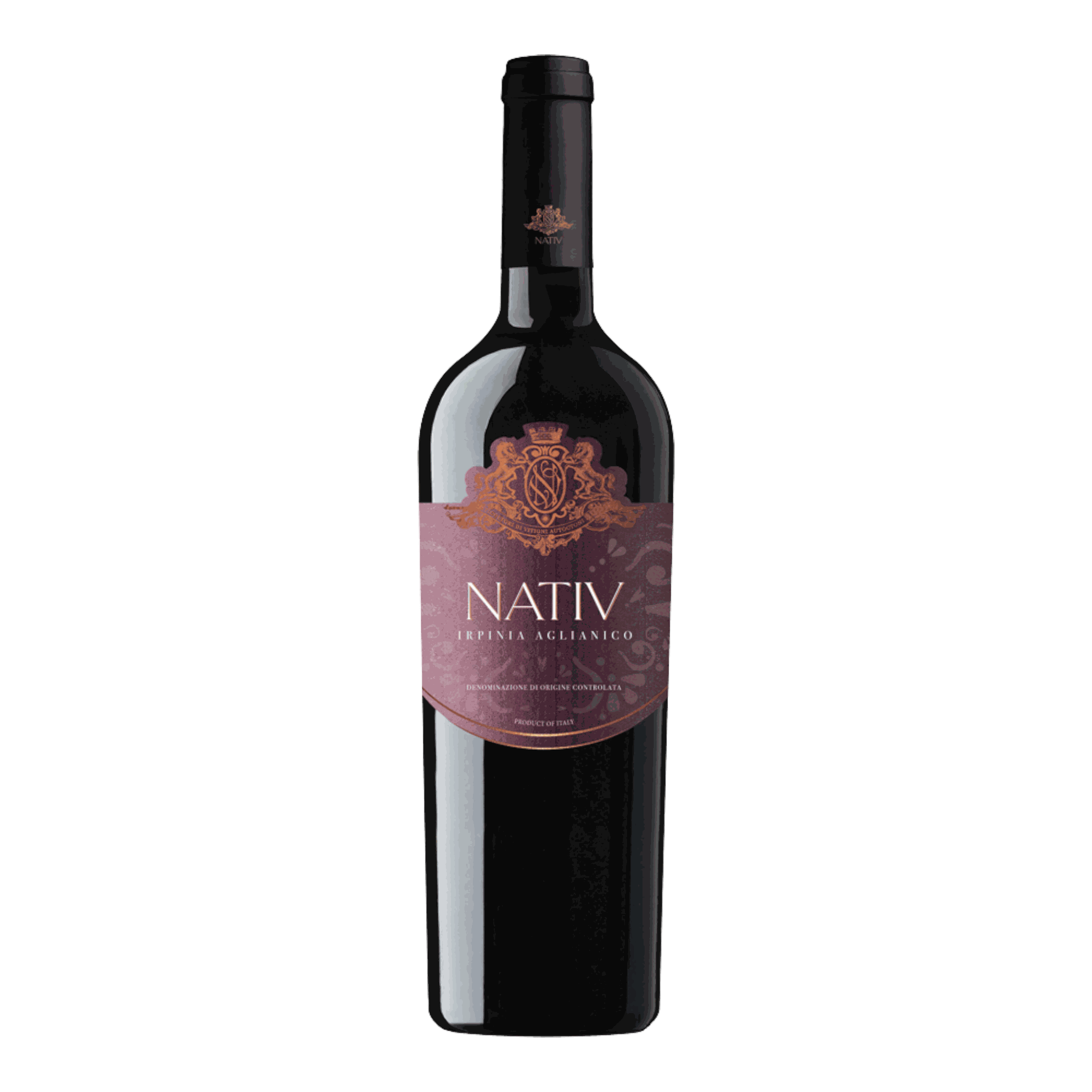 Nativ Aglianico Irpina 2019 red wine bottle with deep ruby color and rich tannins.