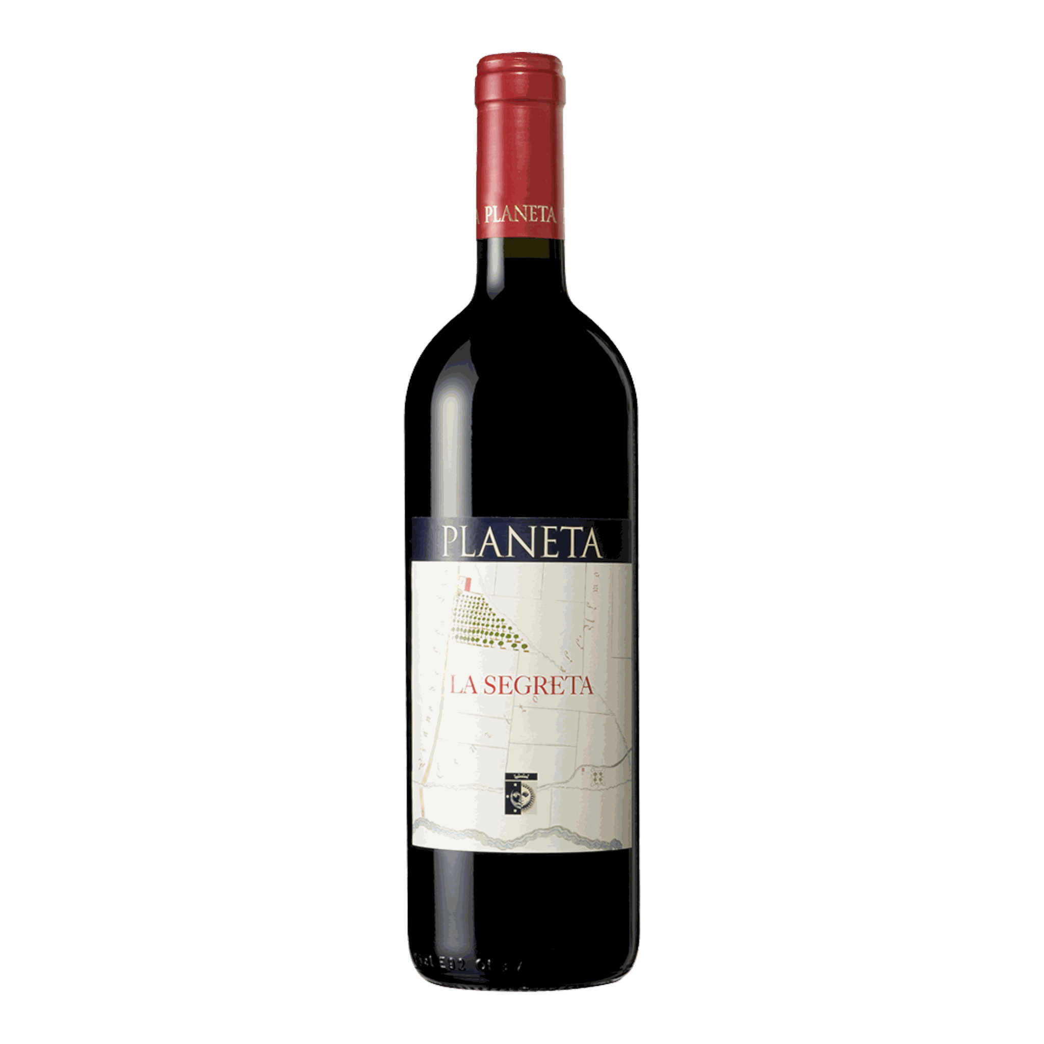 Planeta La Segreta Rosso 2019 wine bottle with ruby red color and fruity bouquet.