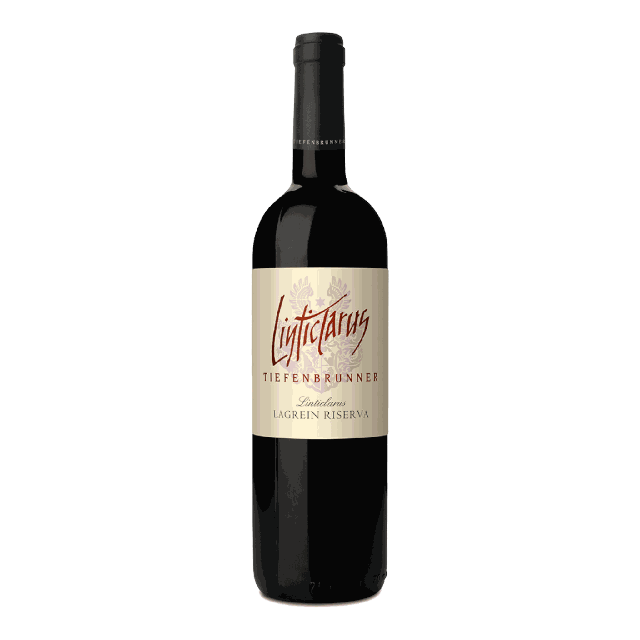 Tiefenbrunner Lagrein Riserva Linticlarus 2019 wine bottle with dark ruby color and elegant label.