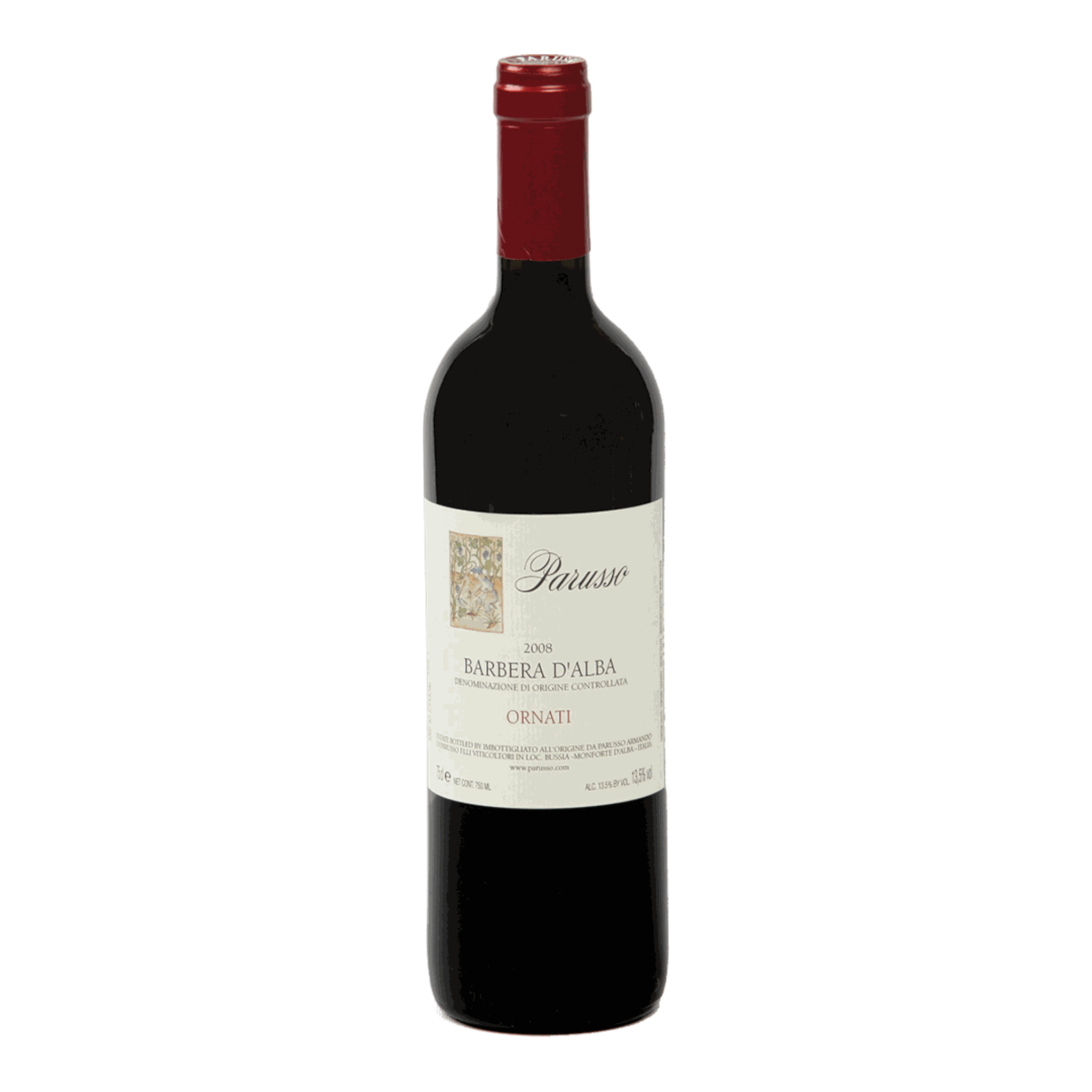 Parusso Barbera D'Alba Ornati 2022 wine bottle with red cap and elegant label.