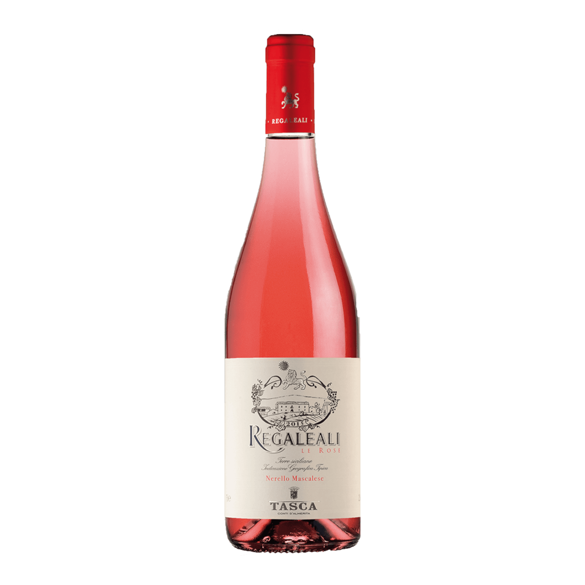 Tasca Regaleali Le Rose 2023 wine bottle with vibrant pink hue and elegant label.