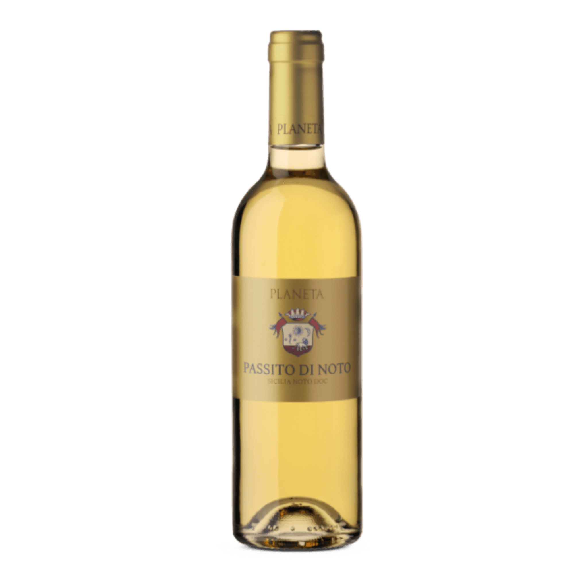 Planeta Passito Di Noto 2016 dessert wine bottle with aromatic notes of apricot, mango, and orange blossom.