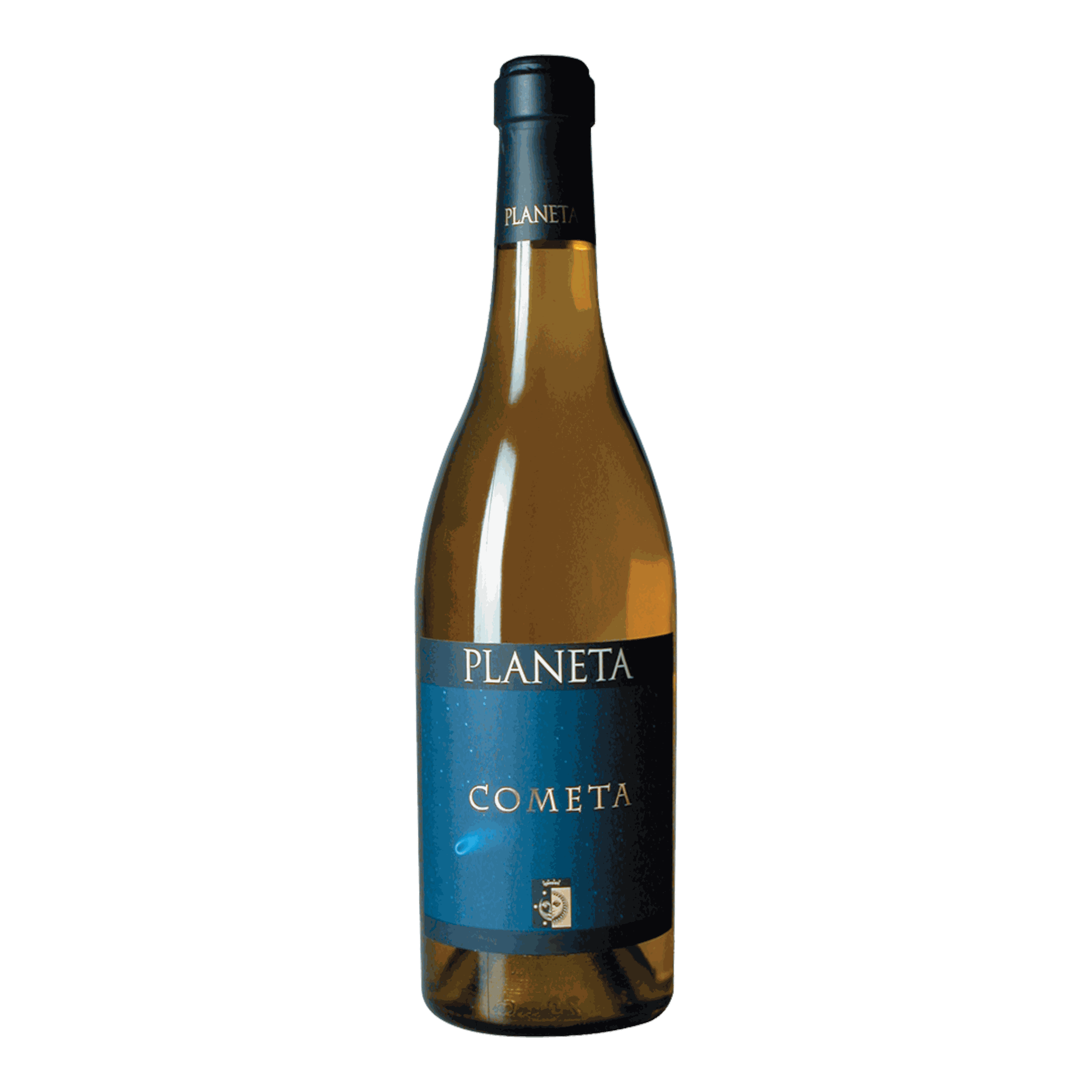 Planeta Fiano Cometa 2019 wine bottle with deep straw yellow color and elegant label.