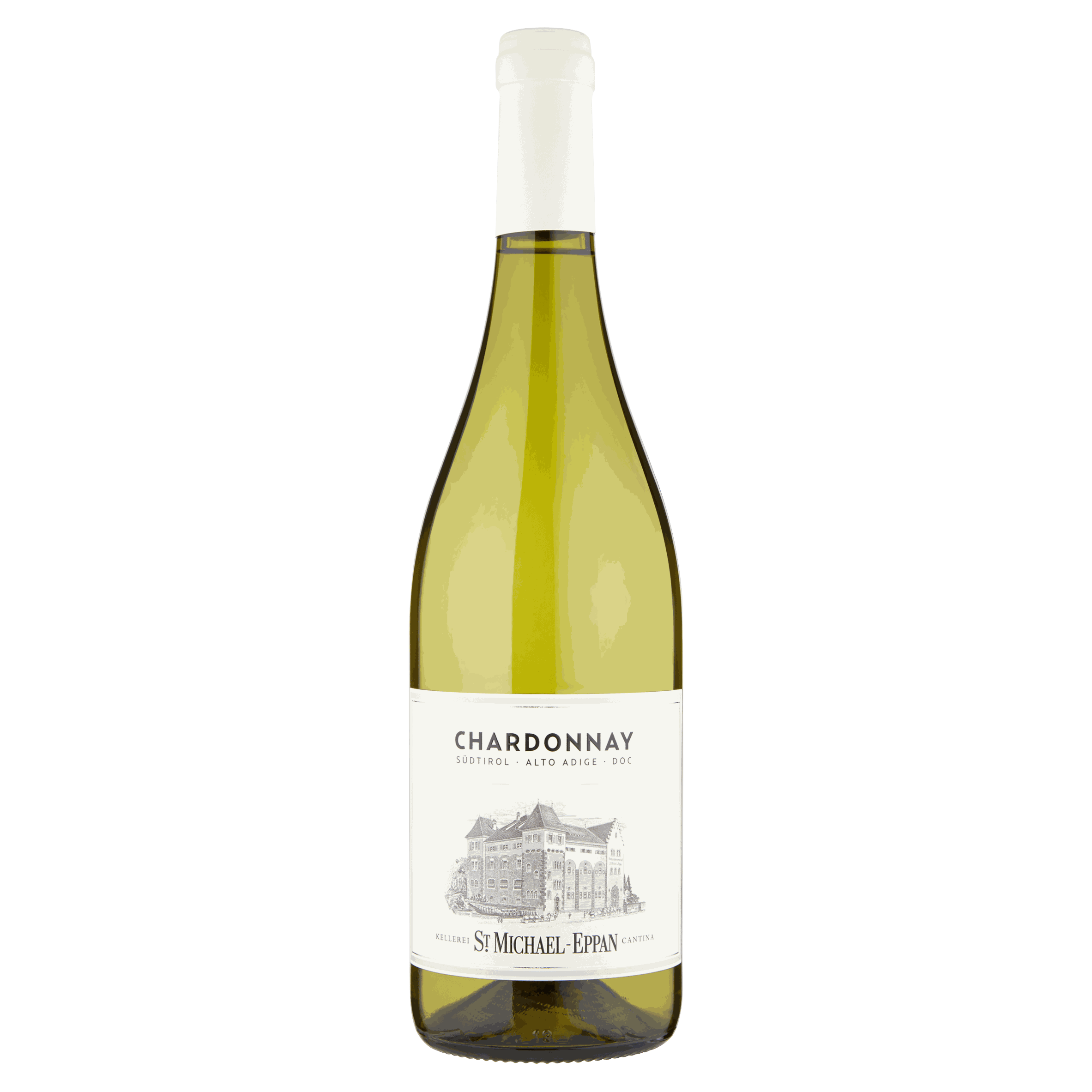 Michael Eppan Chardonnay 2023 wine bottle with yellow hue and label featuring a building illustration.