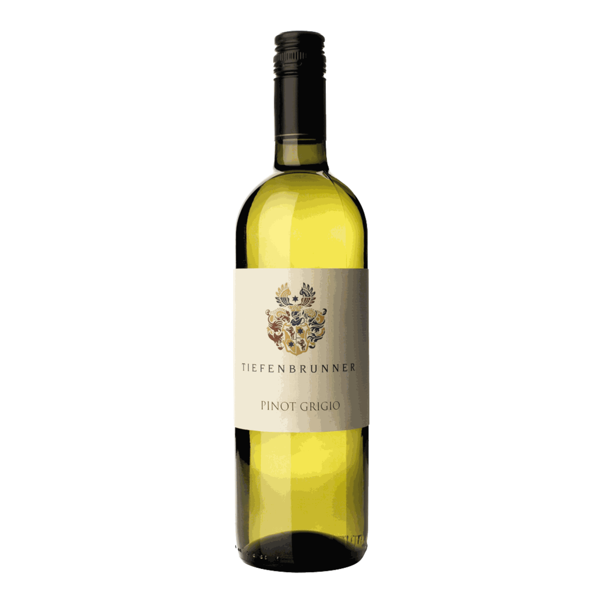 Tiefenbrunner Pinot Grigio 2021 wine bottle with yellowish hue, featuring fruity notes of pear and candied fruits.