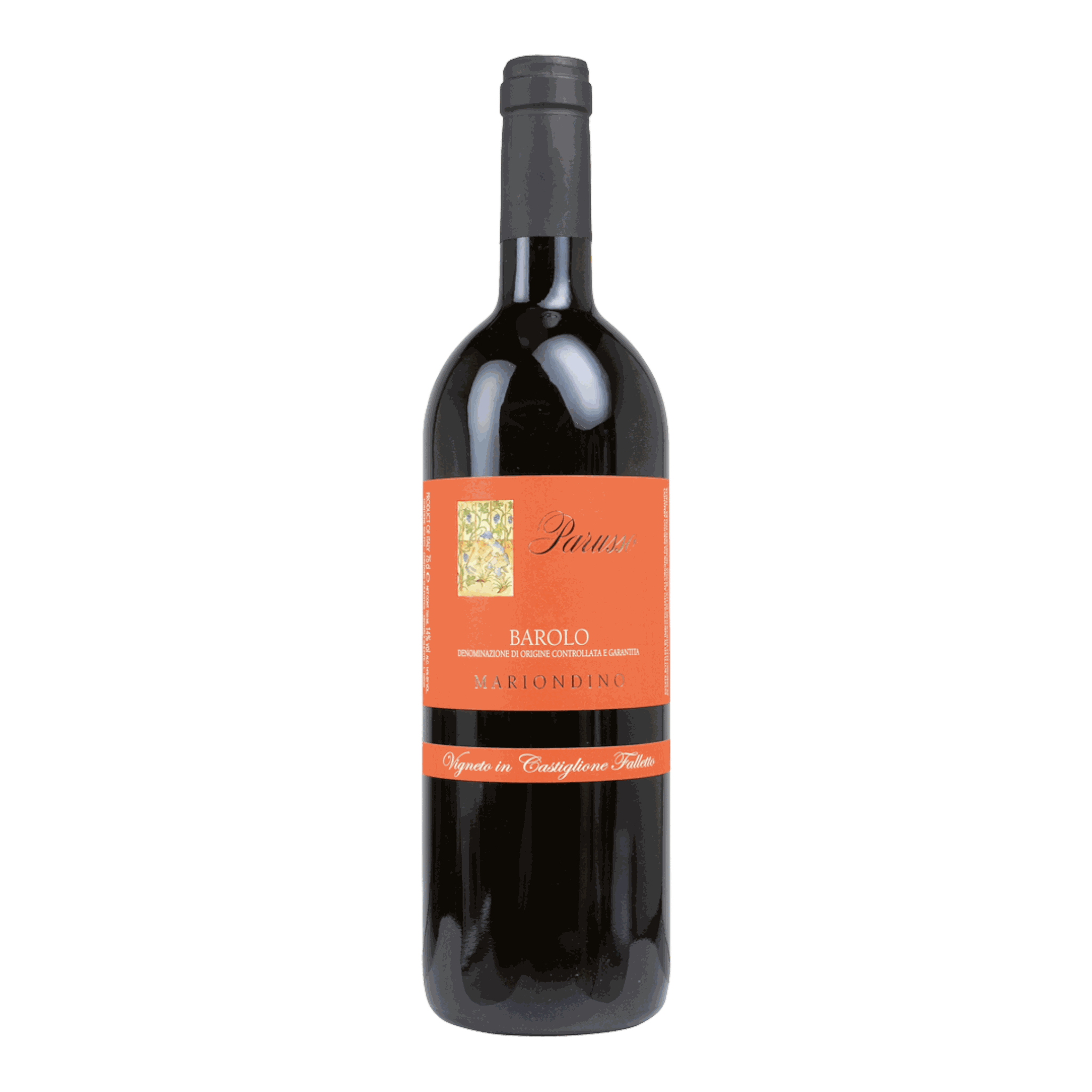 Parusso Barolo Mariondino 2019 wine bottle with ruby red color and garnet reflections.