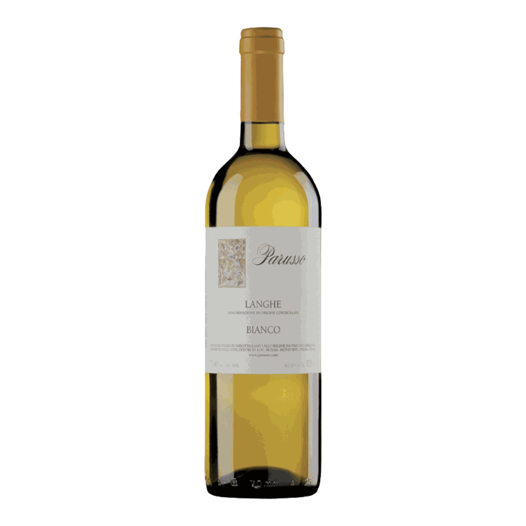 Parusso Langhe Bianco 2020 wine bottle with straw-yellow color.