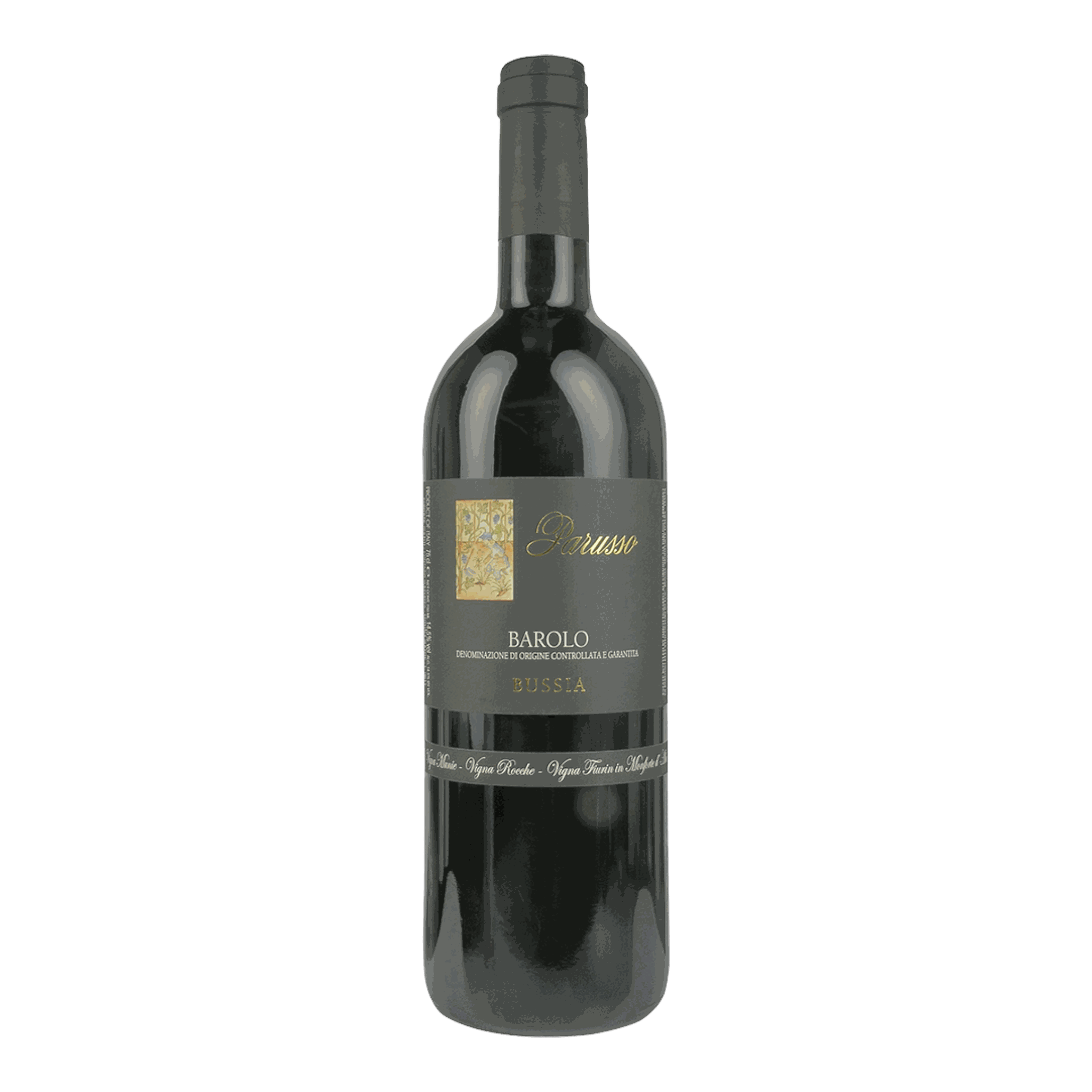 Parusso Barolo Bussia 2018 wine bottle with deep ruby color and elegant label.