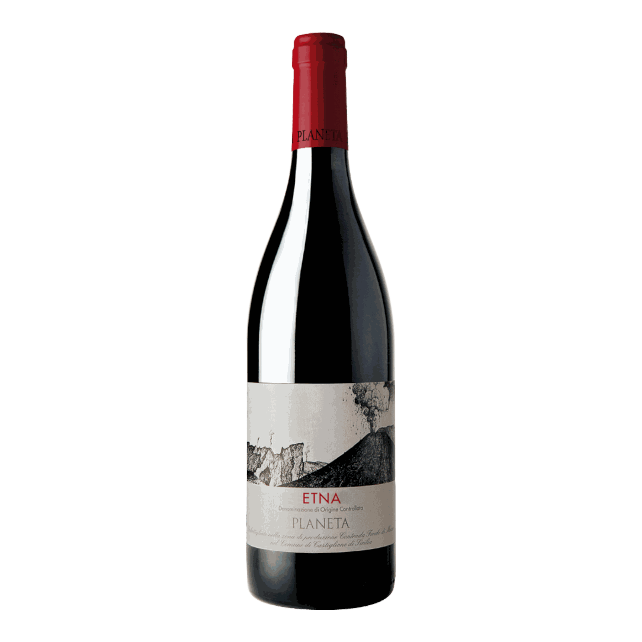 Planeta Etna Rosso 2022 wine bottle with ruby red color and notes of red berries and spices.