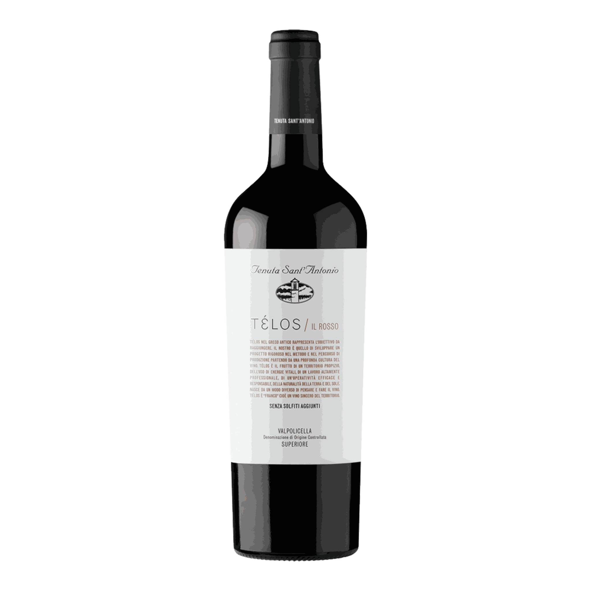 Tenuta Sant'Antonio Telos Rosso 2015 wine bottle with purpurrot color and aromatic notes of dried flowers, ripe fruit, and roasted coffee.