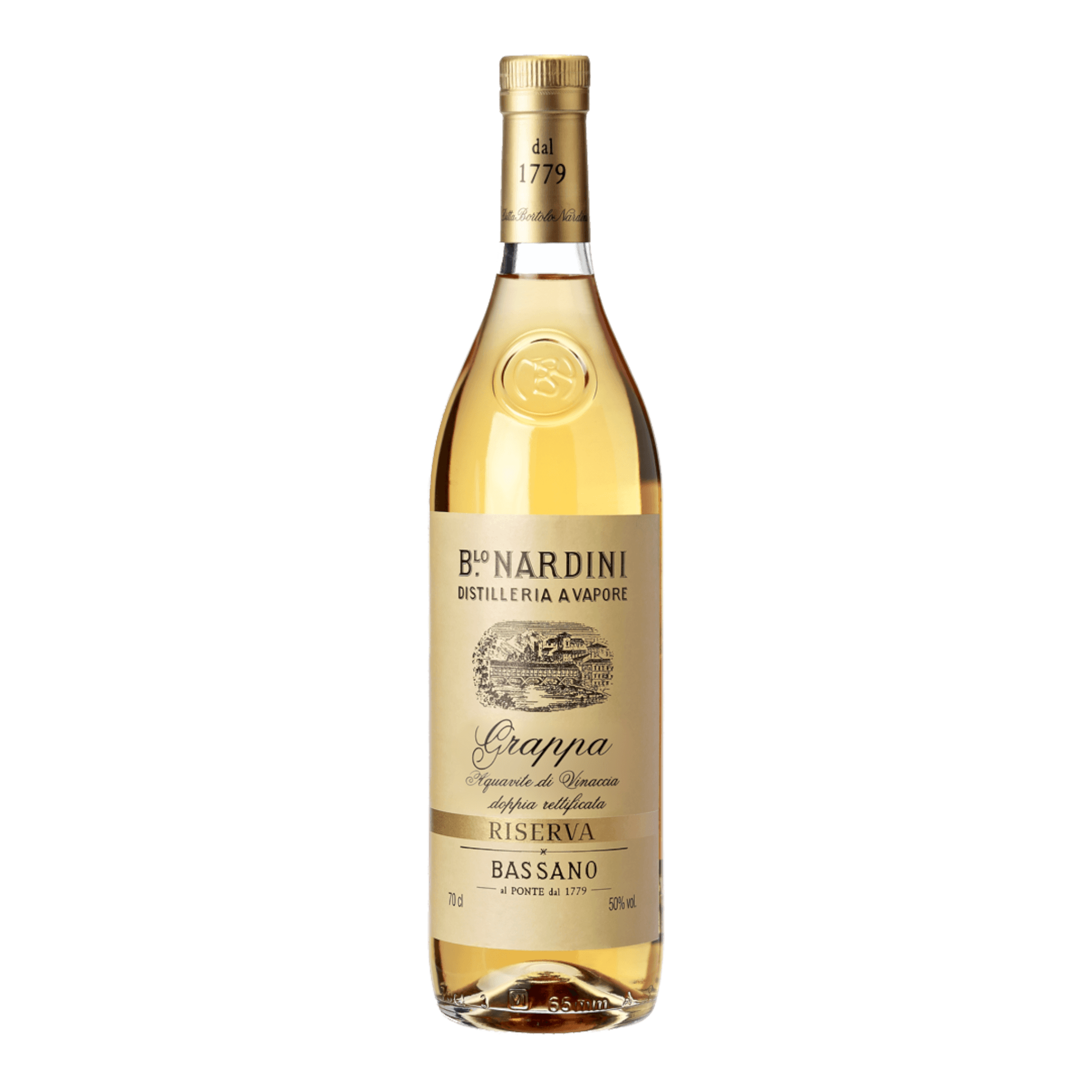 Nardini Grappa Riserva bottle with elegant label, showcasing intense and balanced flavor from Slawonian oak aging.