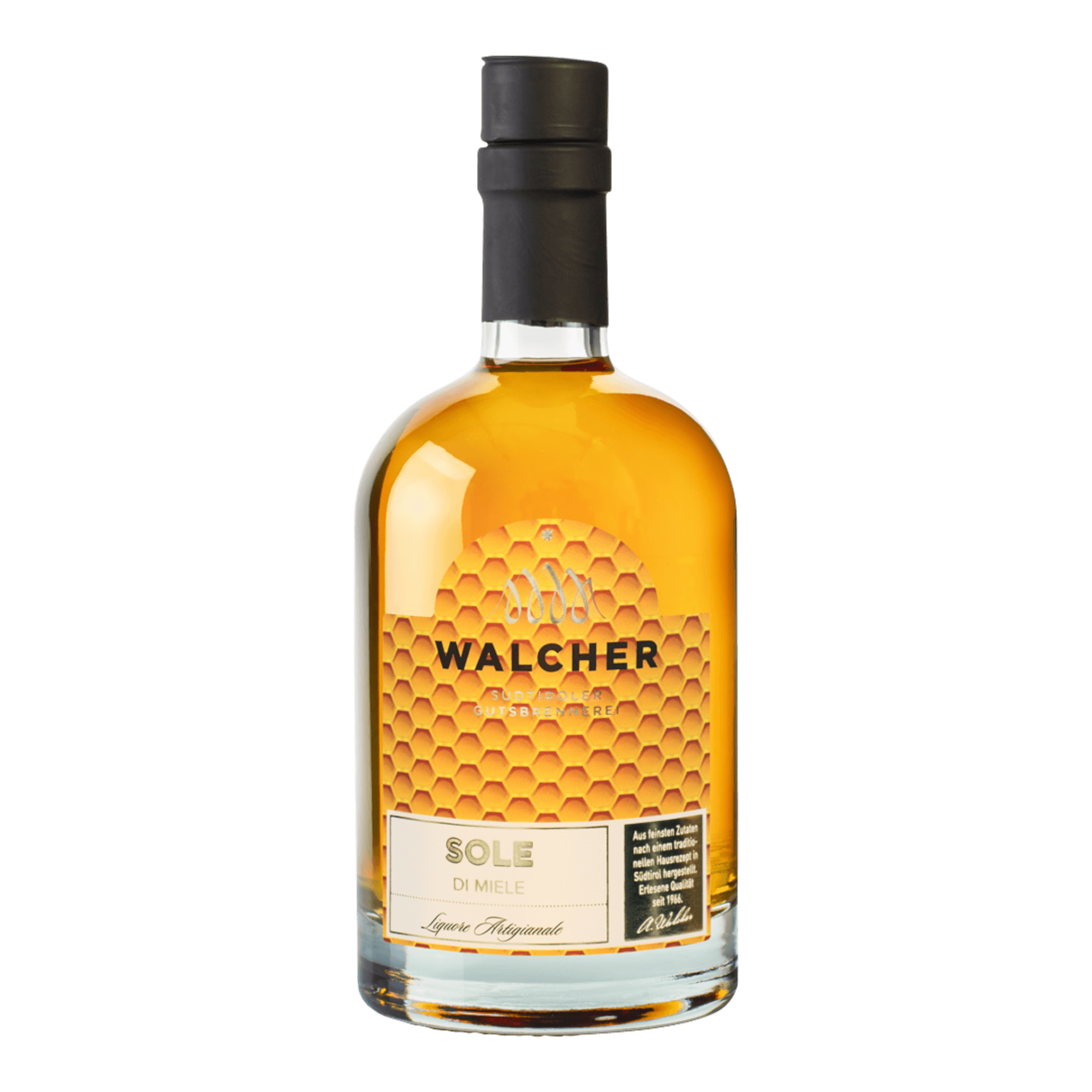 Golden Walcher Honiglikör Mit Grappa bottle with a honeycomb design, Sole Di Miele label.