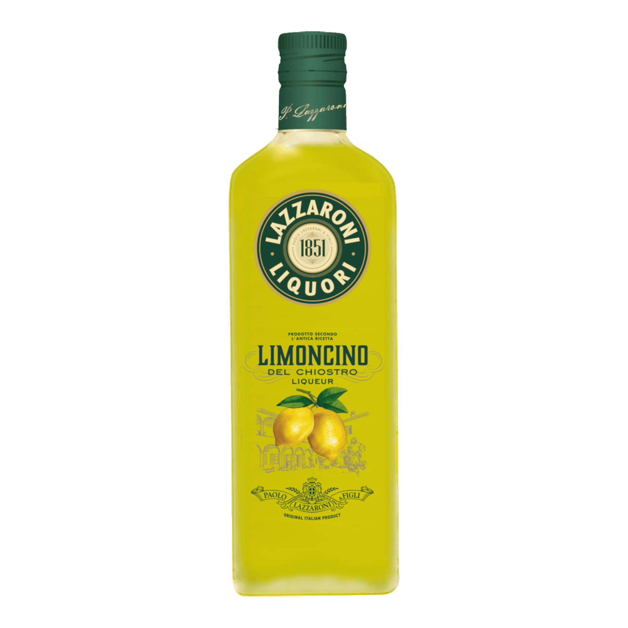 Lazzaroni Zitronenlikör Limoncino Del Chiostro bottle with Italian lemon design.