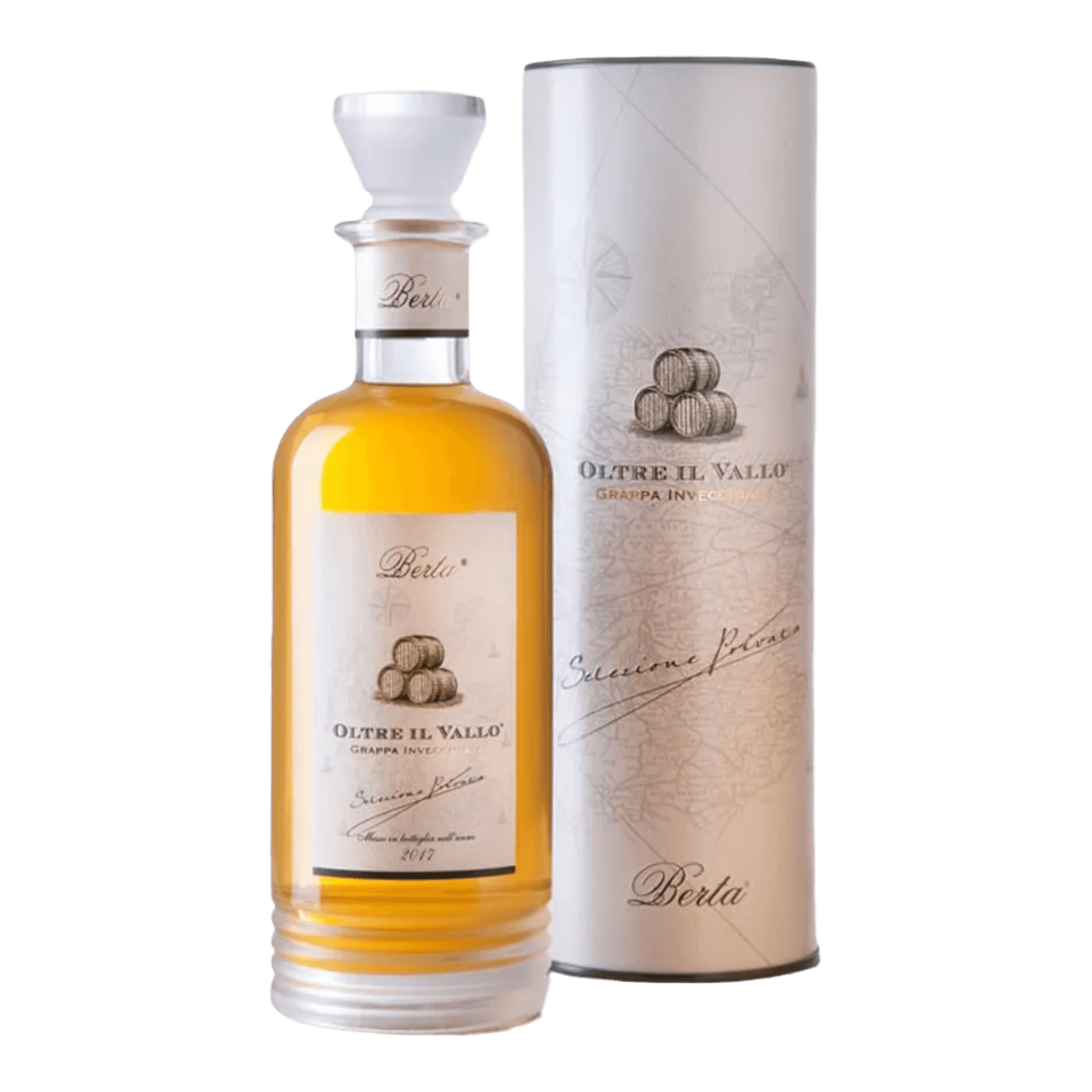 Berta Grappa Oltre Il Vallo with packaging, amber color, refined aged design.