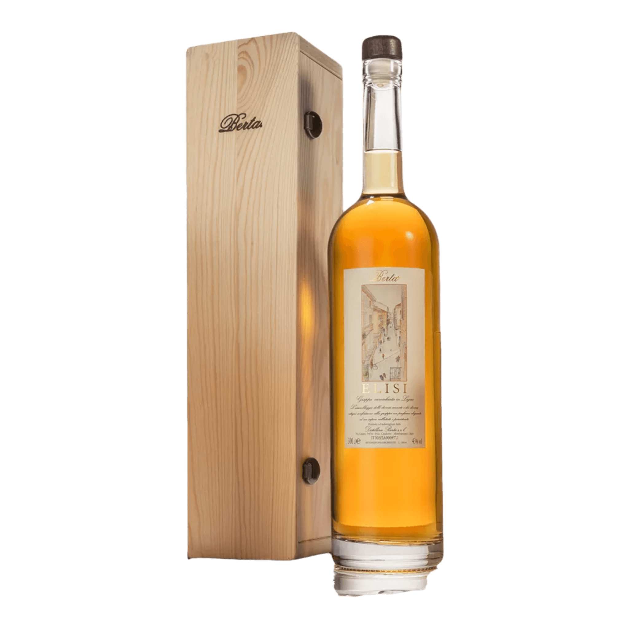 Berta Grappa Elisi bottle with wooden box packaging.