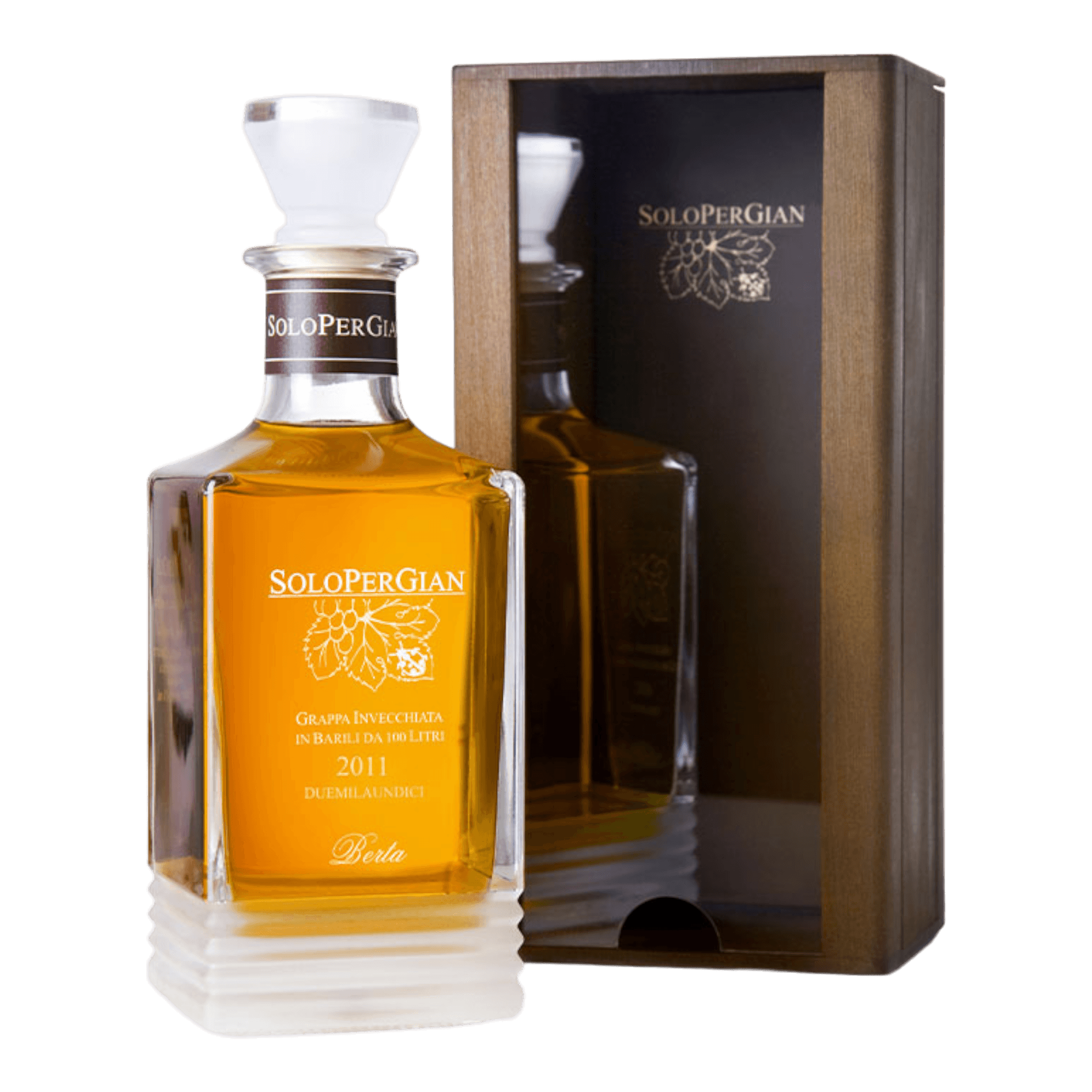 Berta Grappa Solopergian bottle with packaging, showcasing premium aged spirit.