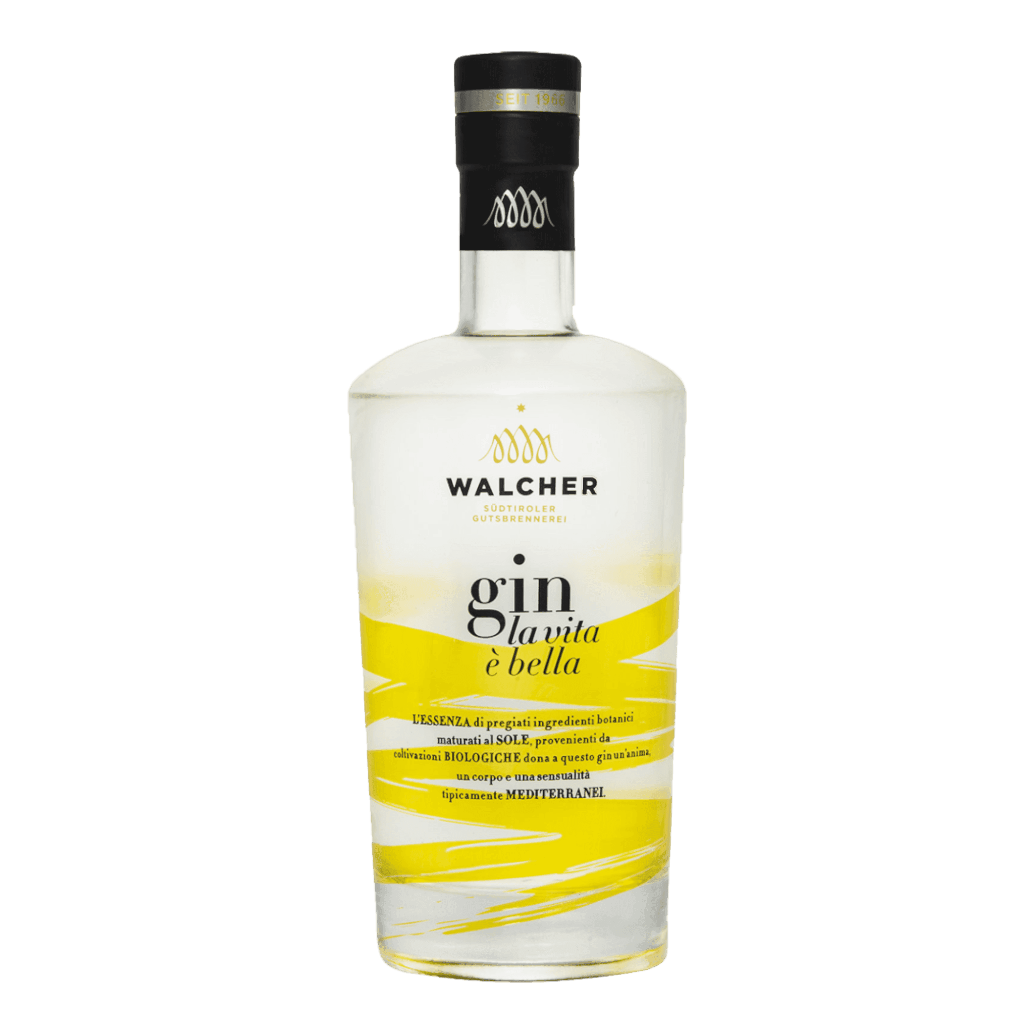 Walcher Gin La Vita E' Bella bottle with mediterranean botanicals.