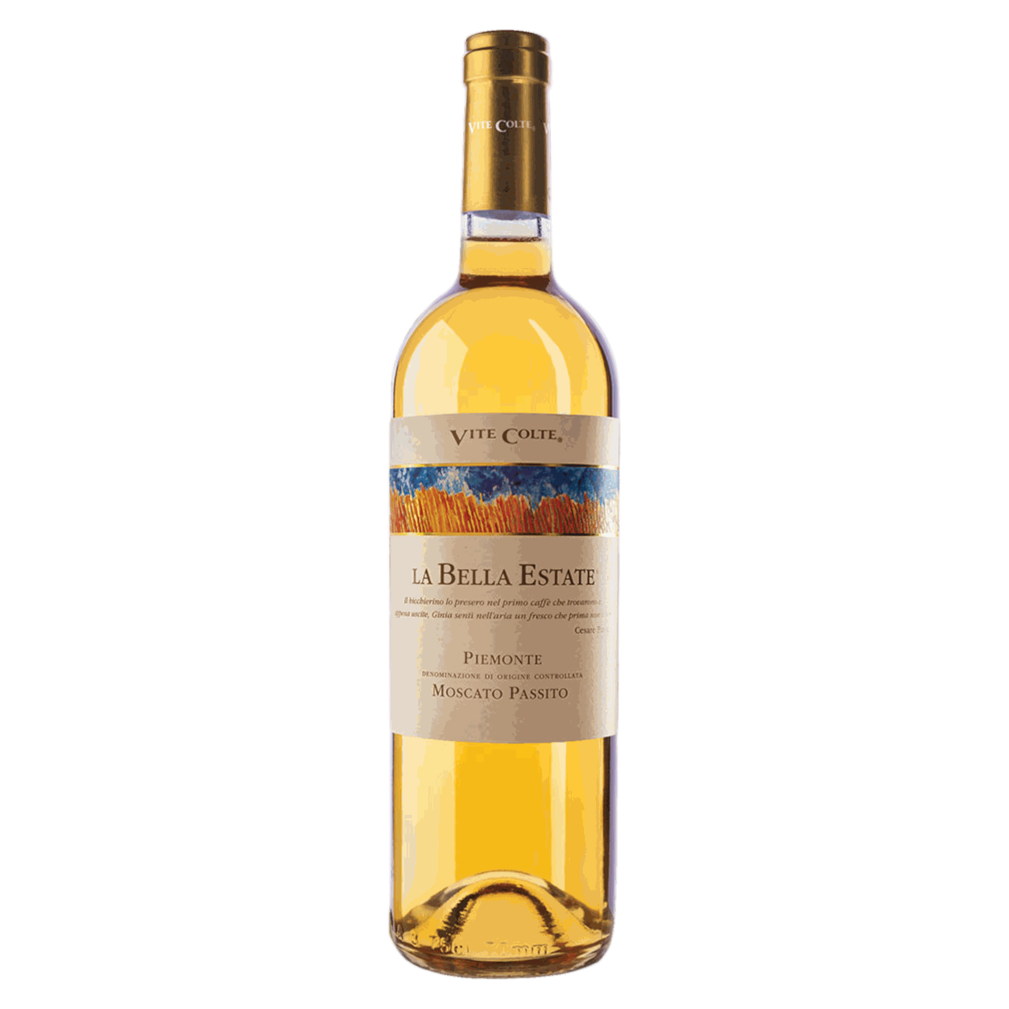 Vite Colte Moscato Passito La Bella Estate 2021 bottle with gold color and elegant label.