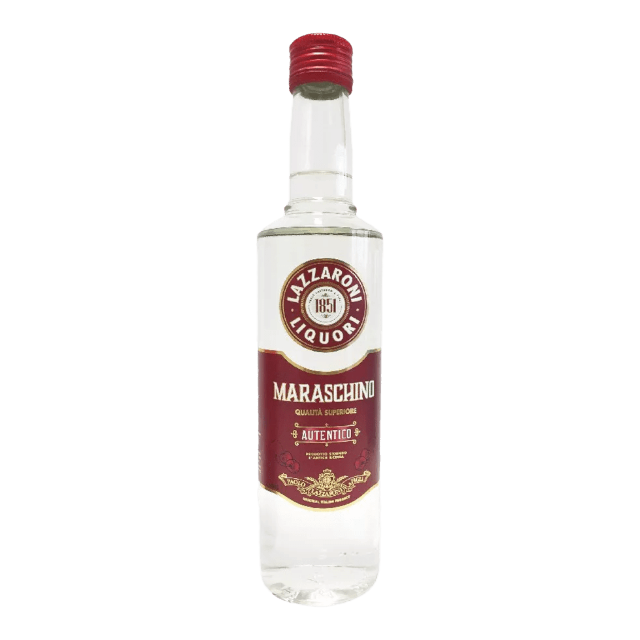 Lazzaroni Kirschlikör Maraschino clear bottle with red label featuring classic design.