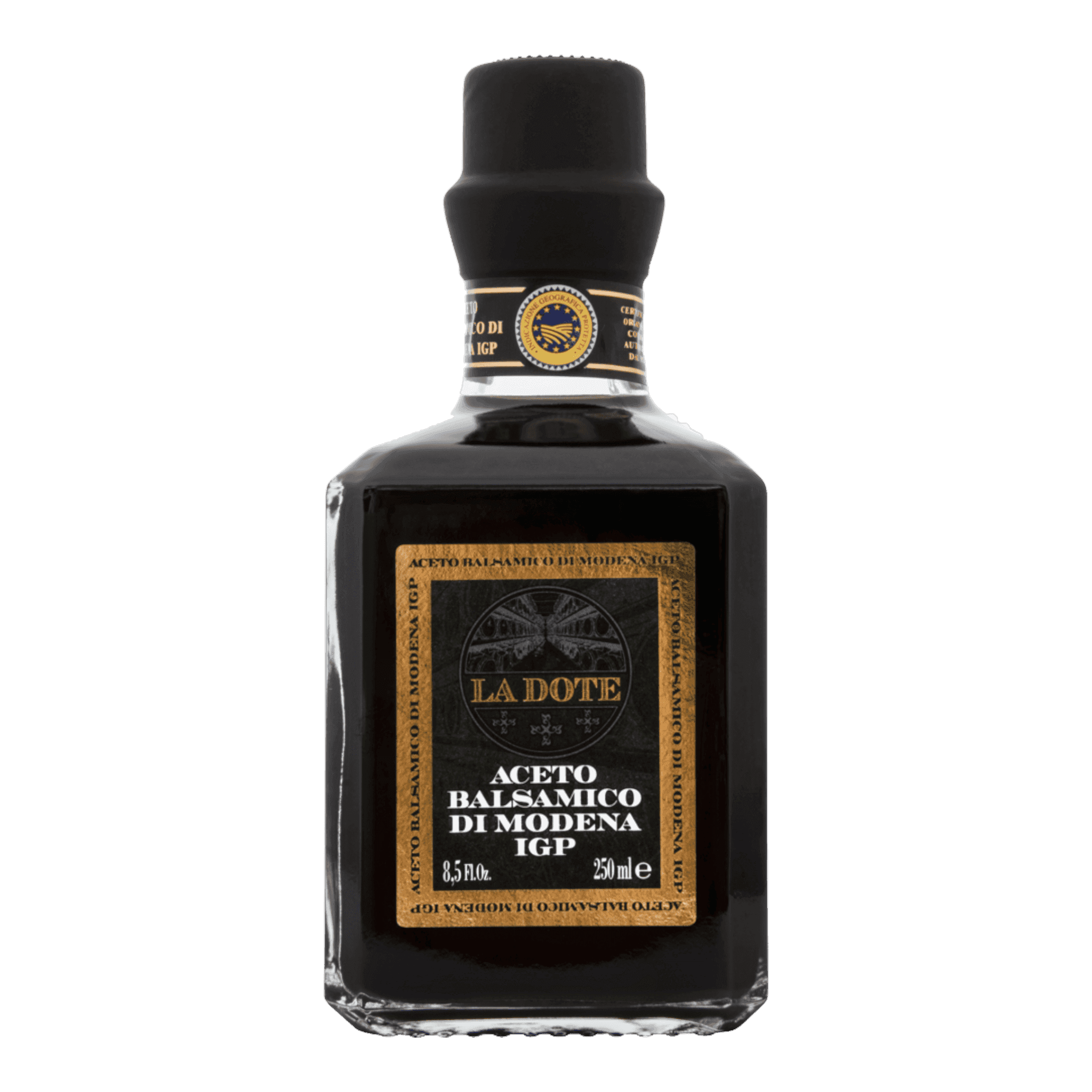 La Dote Aceto Balsamico Di Modena Gold 12 Jahre bottle with dark label and cap.