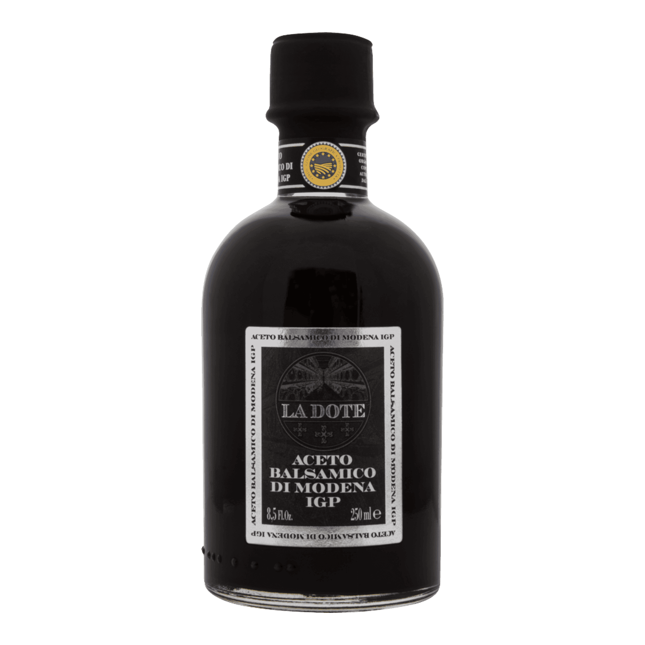 La Dote Aceto Balsamico Di Modena Silber 10 Jahre bottle with dark brown color and thick consistency.