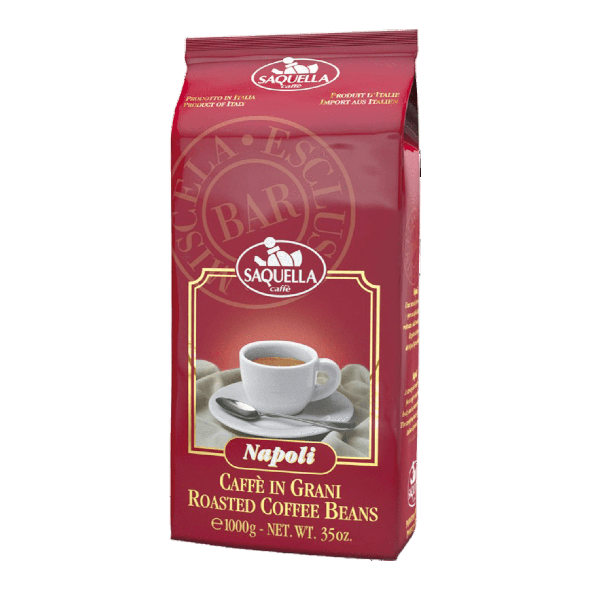 Saquella Espresso Napoli Bar 1 kg coffee beans package with rich aroma and chocolaty flavor.