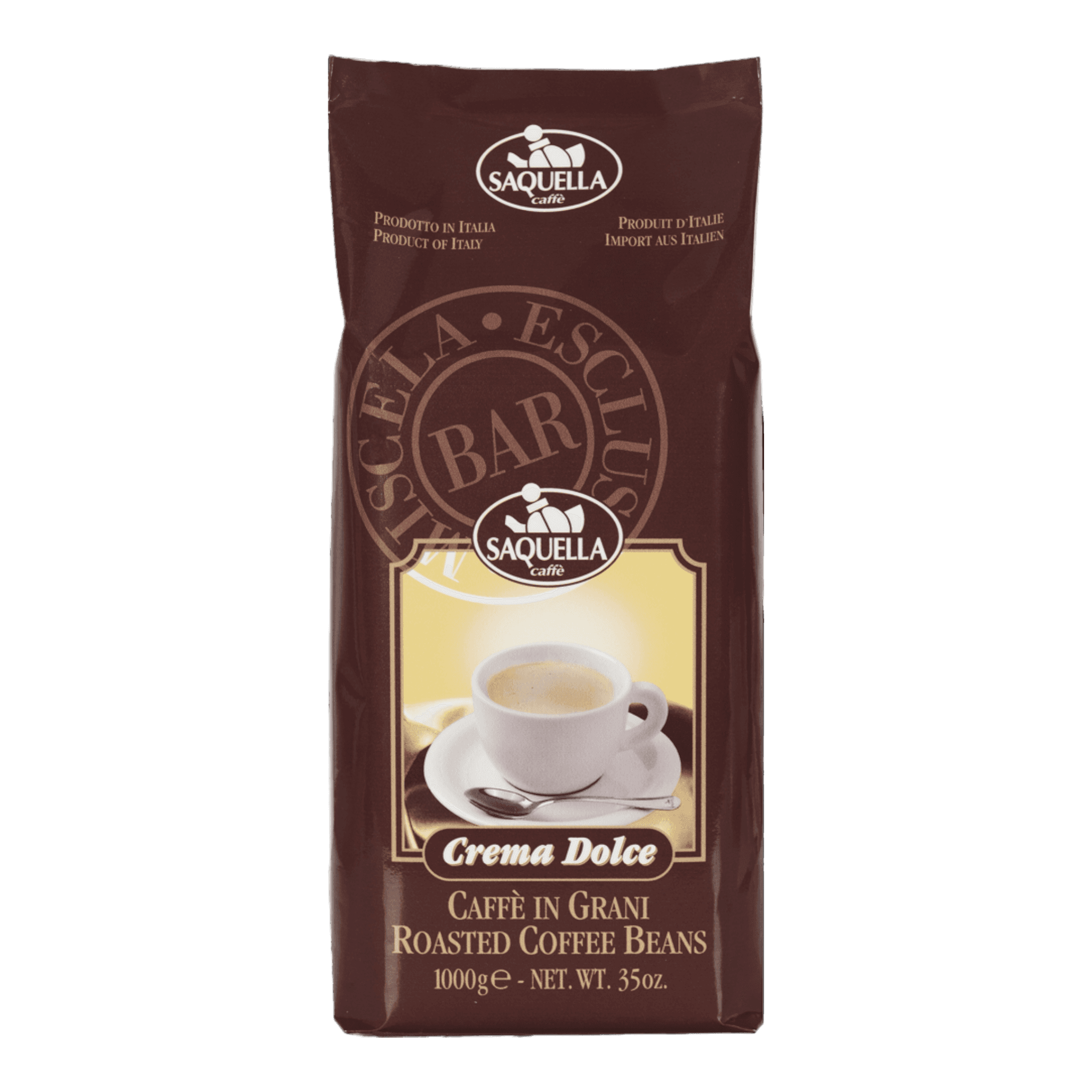 Saquella Espresso Crema Dolce 1 kg coffee beans package with nussfarbene crema image.