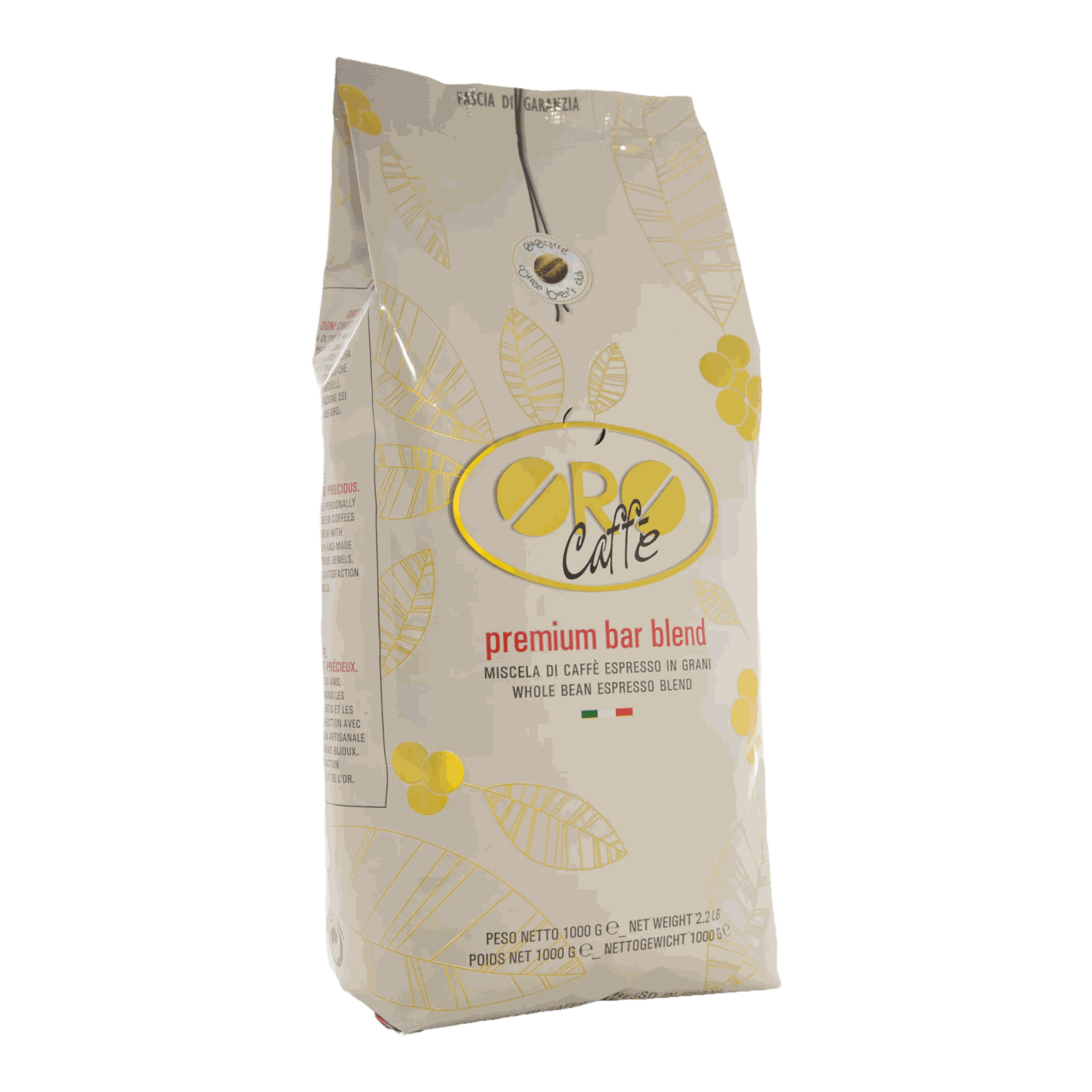 Oro Caffe Espresso Premium Bar Blend 1 kg whole beans package with rich, aromatic coffee blend from Brazil, Guatemala, Ethiopia, Vietnam, and India.