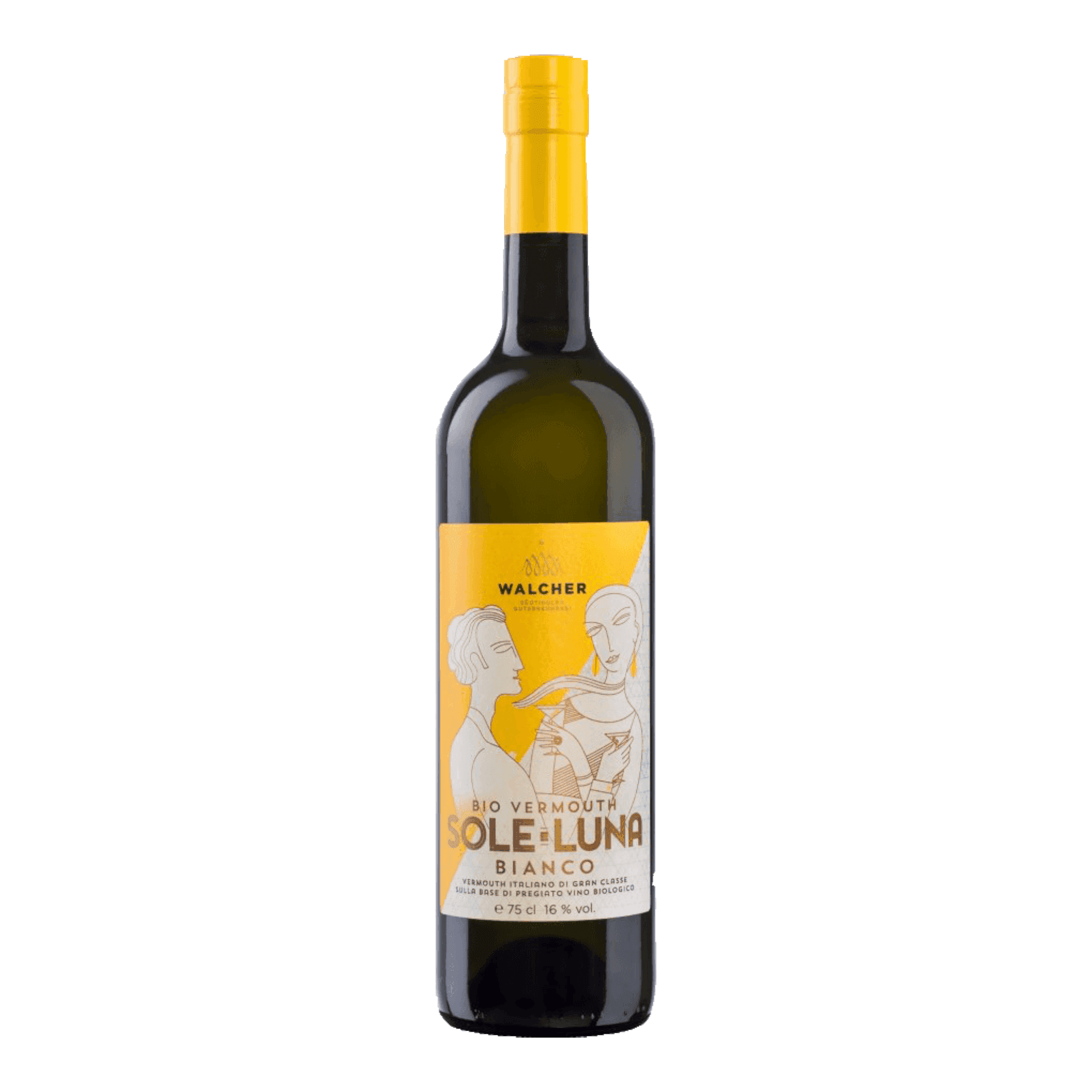 Walcher Bio Vermouth Sole Luna Bianco bottle with elegant yellow label.