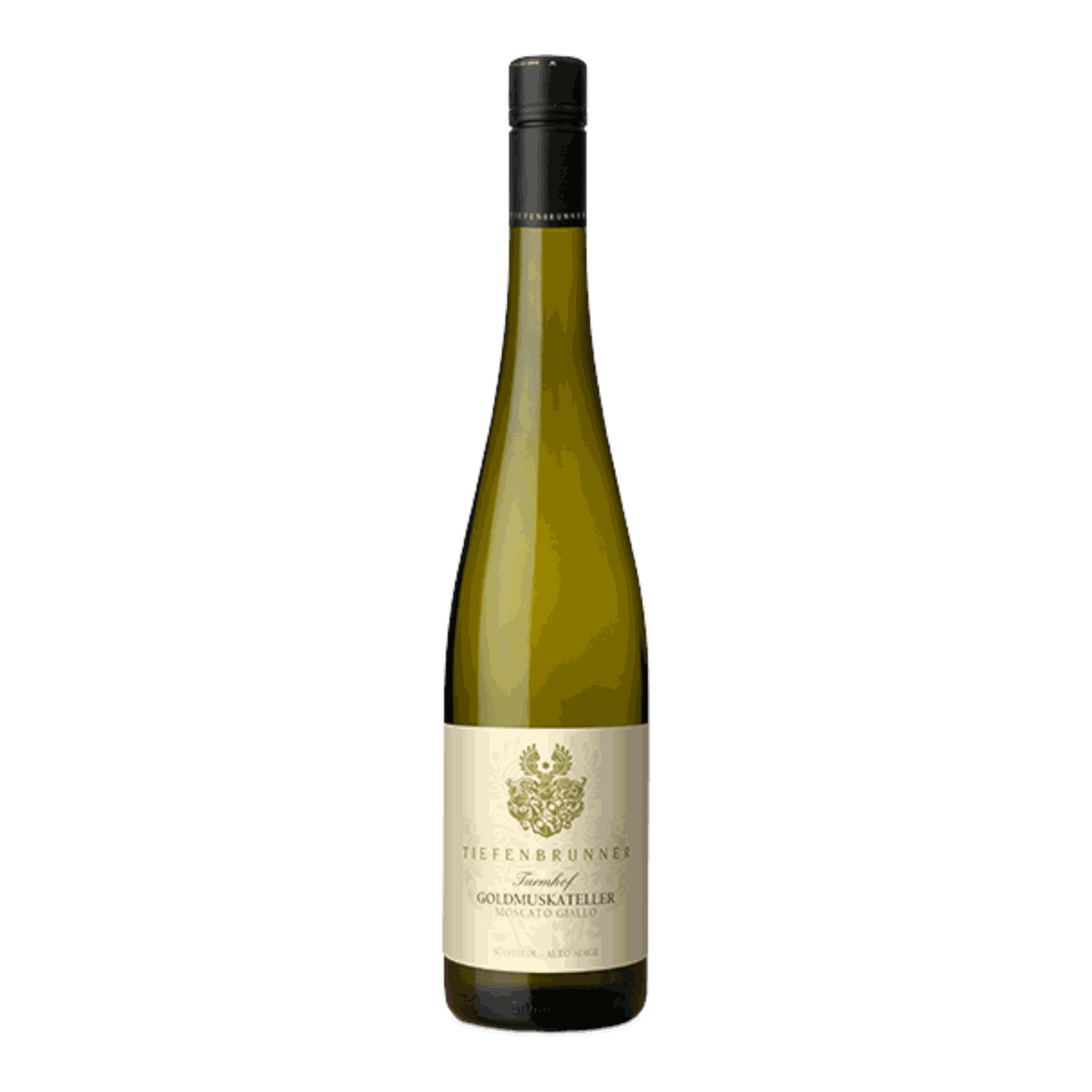 Tiefenbrunner Goldmuskateller 2018 wine bottle with bright, floral label.