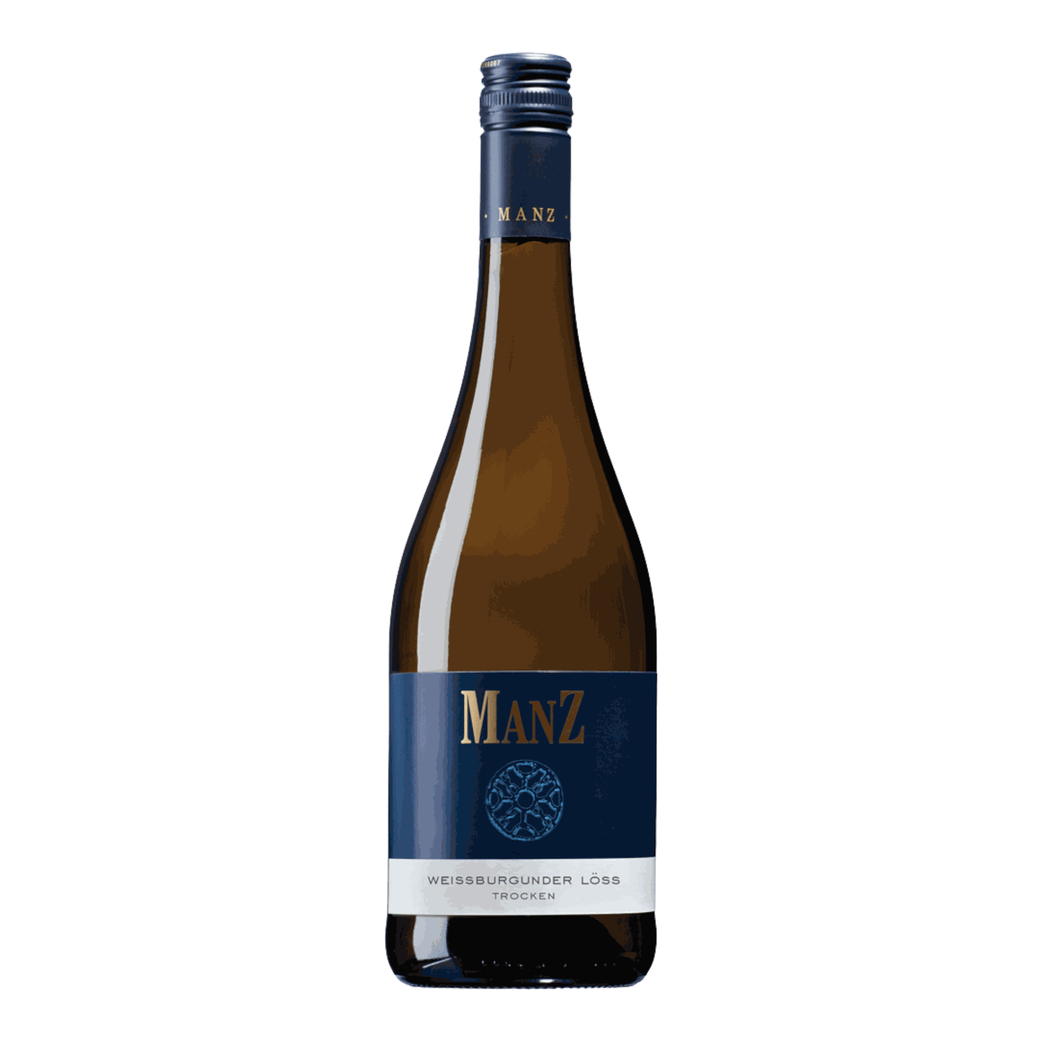 Manz Weisser Burgunder Löss 2022 wine bottle with blue label.