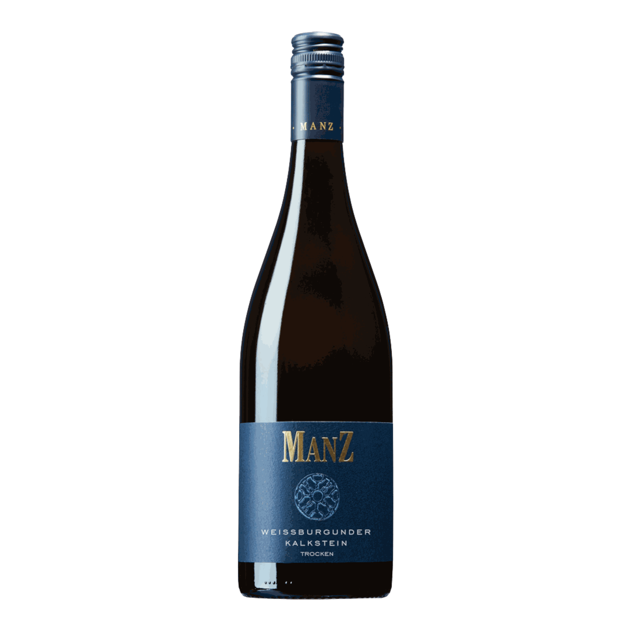 Manz Weisser Burgunder Kalkstein 2022 wine bottle with blue label, featuring notes of apple and melon, mineral-rich with a creamy finish.