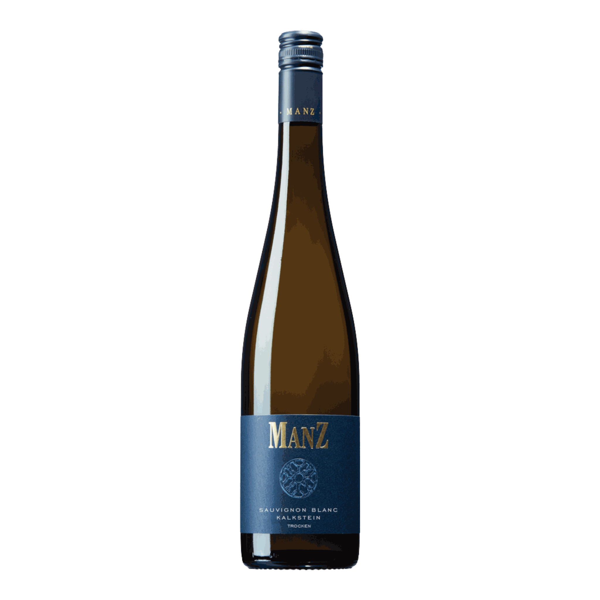 Manz Sauvignon Blanc Kalkstein 2023 wine bottle with a deep blue label.